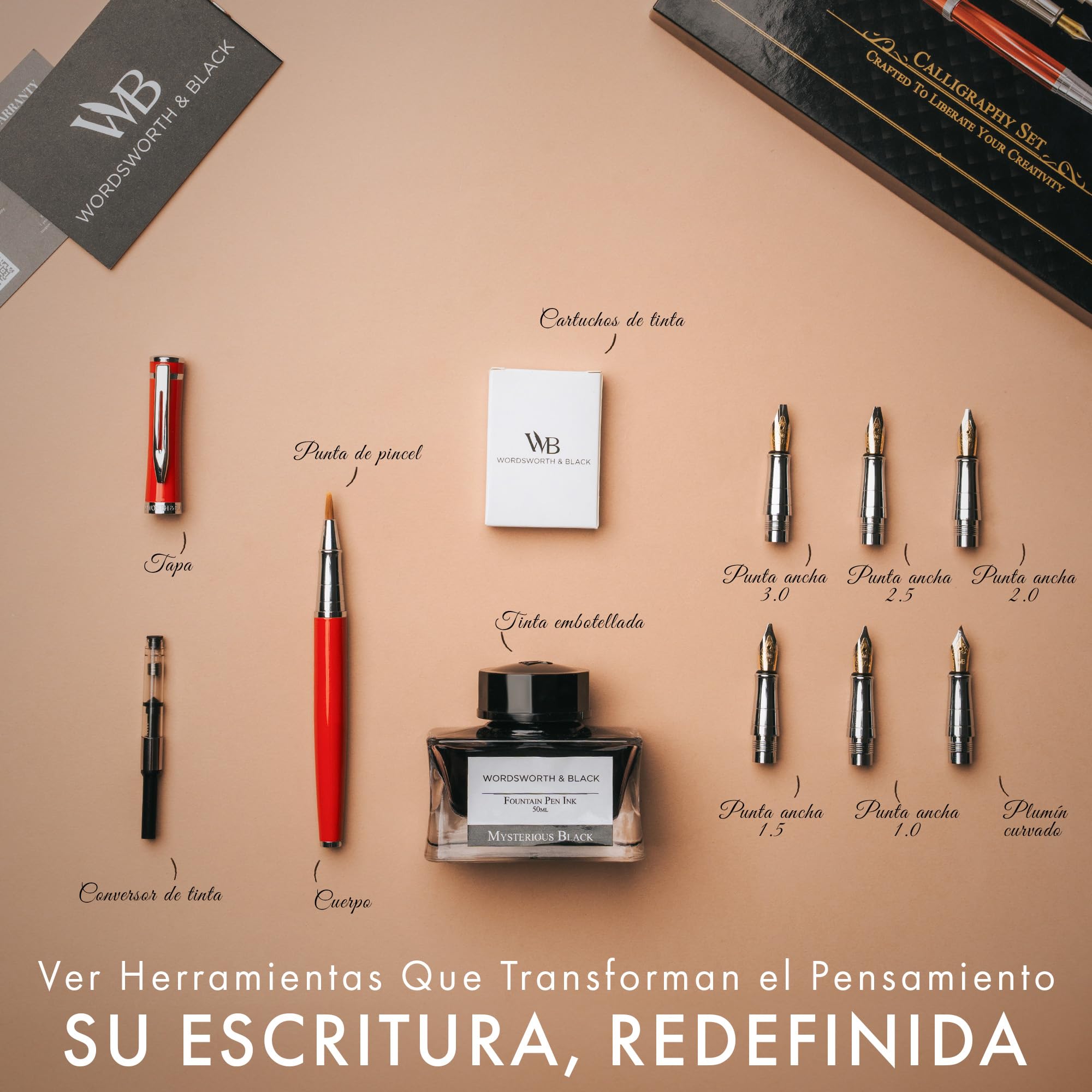 Wordsworth & Black Calligraphy Pen Set de regalo, incluye botella de tinta, 6 cartuchos de tinta, convertidor de recarga, 6 puntas de repuesto, paquete premium, diario [Cromo Rojo]