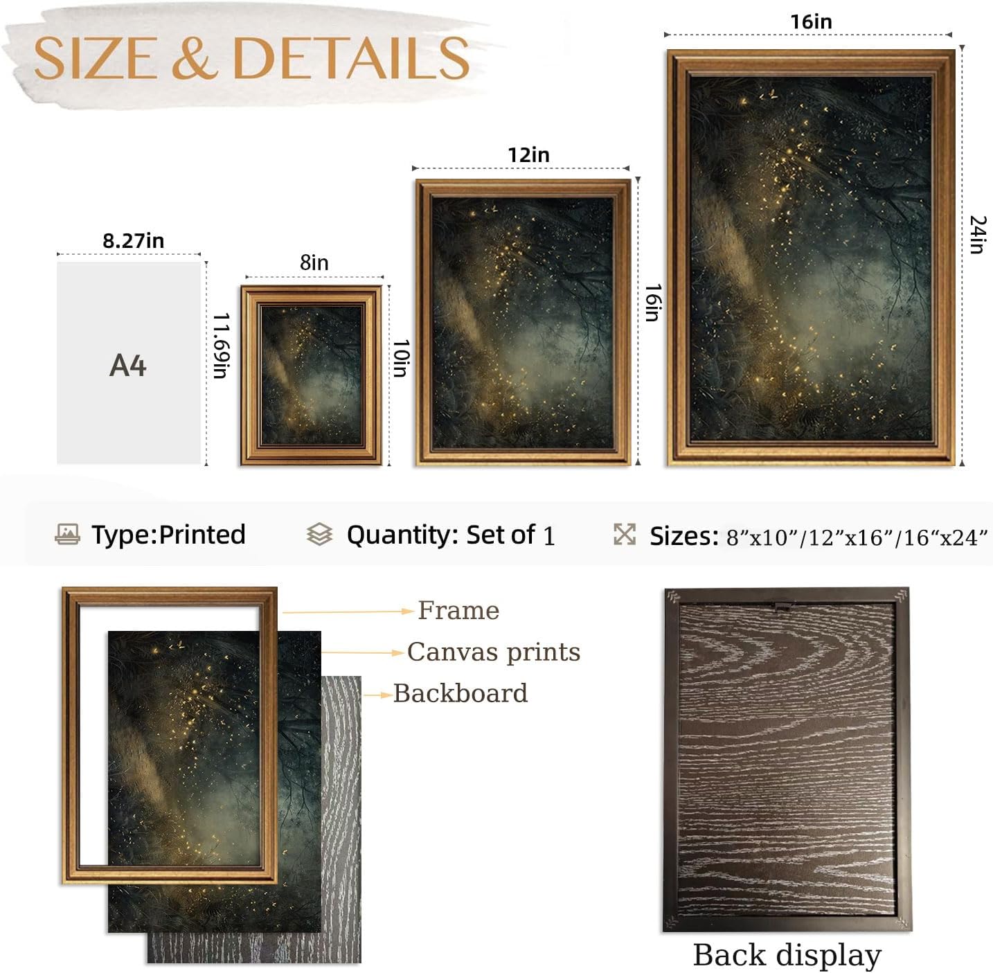 CHMMART Vintage Gold Framed Wall Art Moody Forest Firefly Canvas Art Prints Boho Nature Woodland Pictures Wall Decor Dark Academia Cottagecore Paintings Artwork for Living Room Bedroom 16x24in