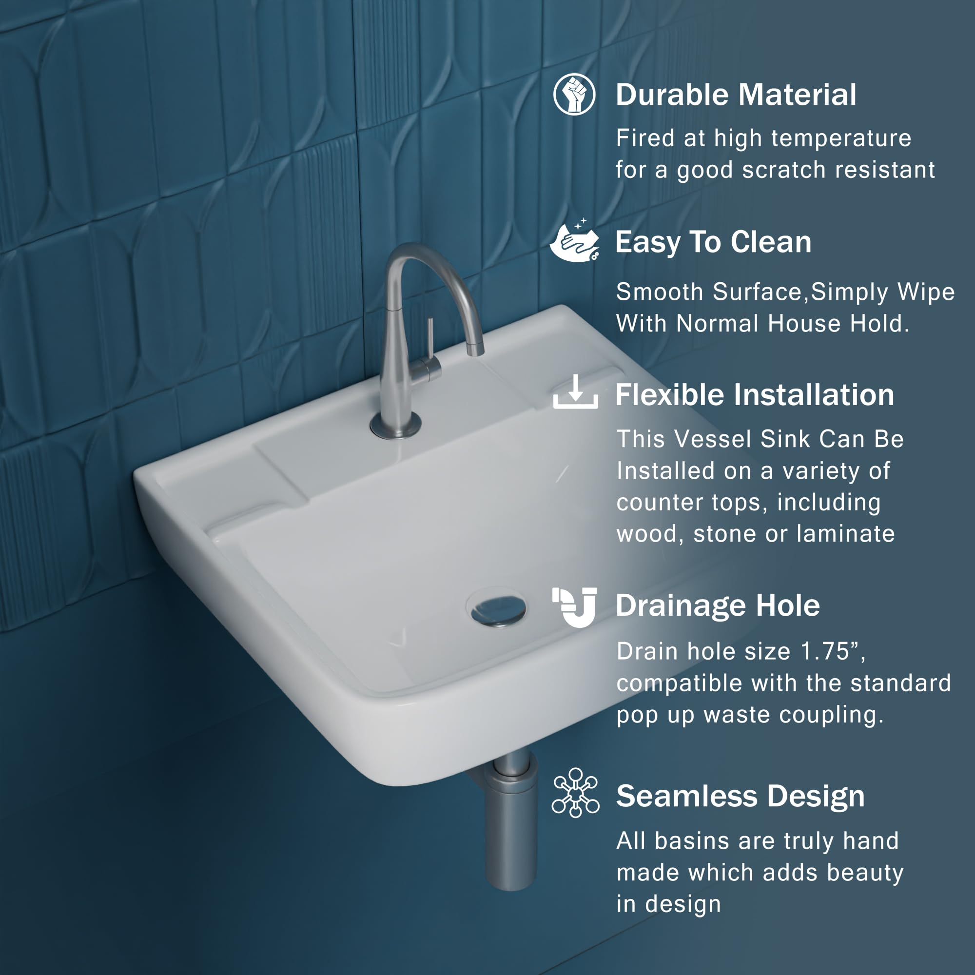 Meta Bathware Premium Rectangular Wash Basin | Wall Mount Ceramic Sink for Bathroom | Sleek Glossy Finish | Scratch Resistant & Easy Clean | Modern Sanitary Ware for Home & Office (16x14x5 Inch) 3