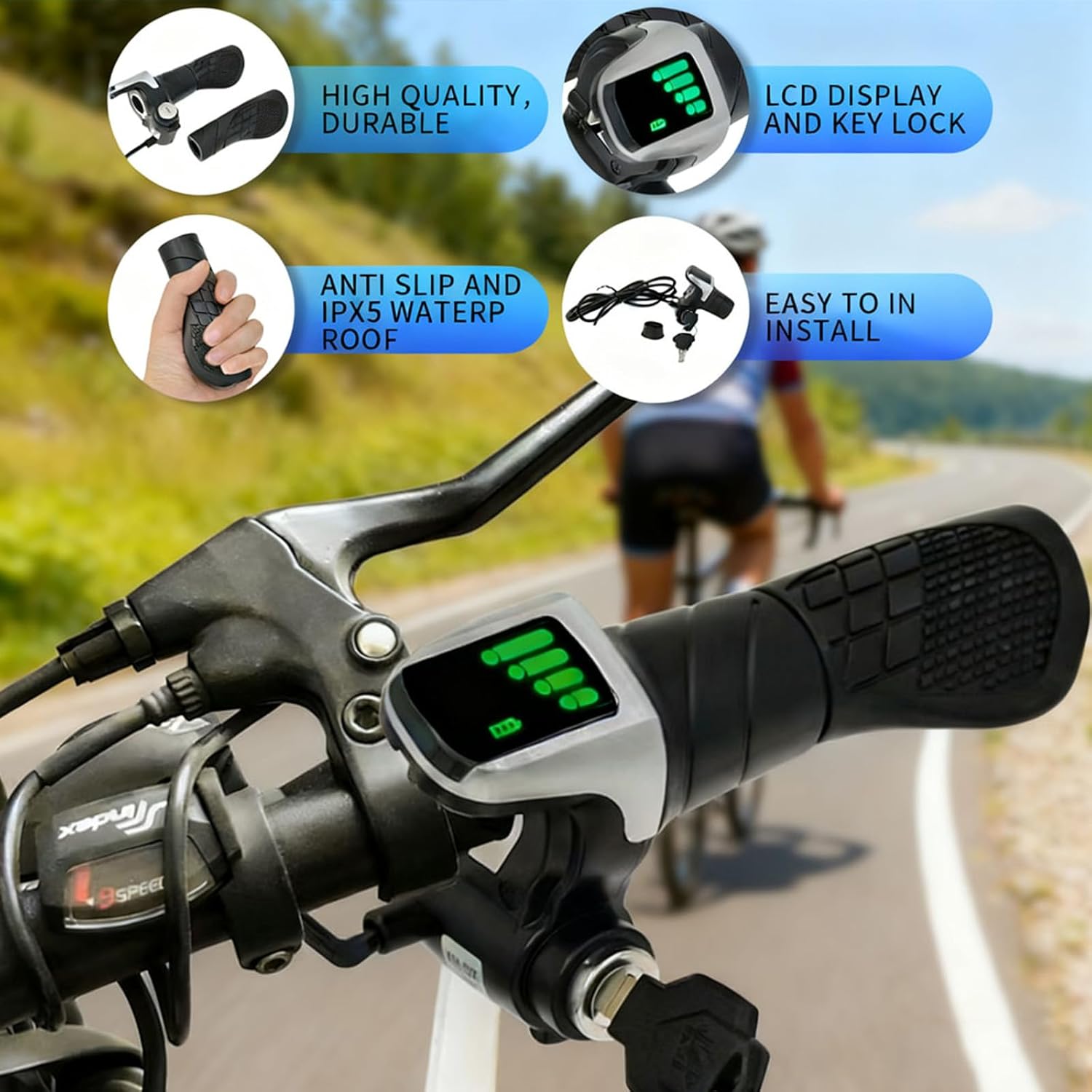 36V Universal Twist Grip Throttle with LCD Power Indicator & Key Lock - Easy Installation for E-Bikes, Electric Scooters & Motorcycles