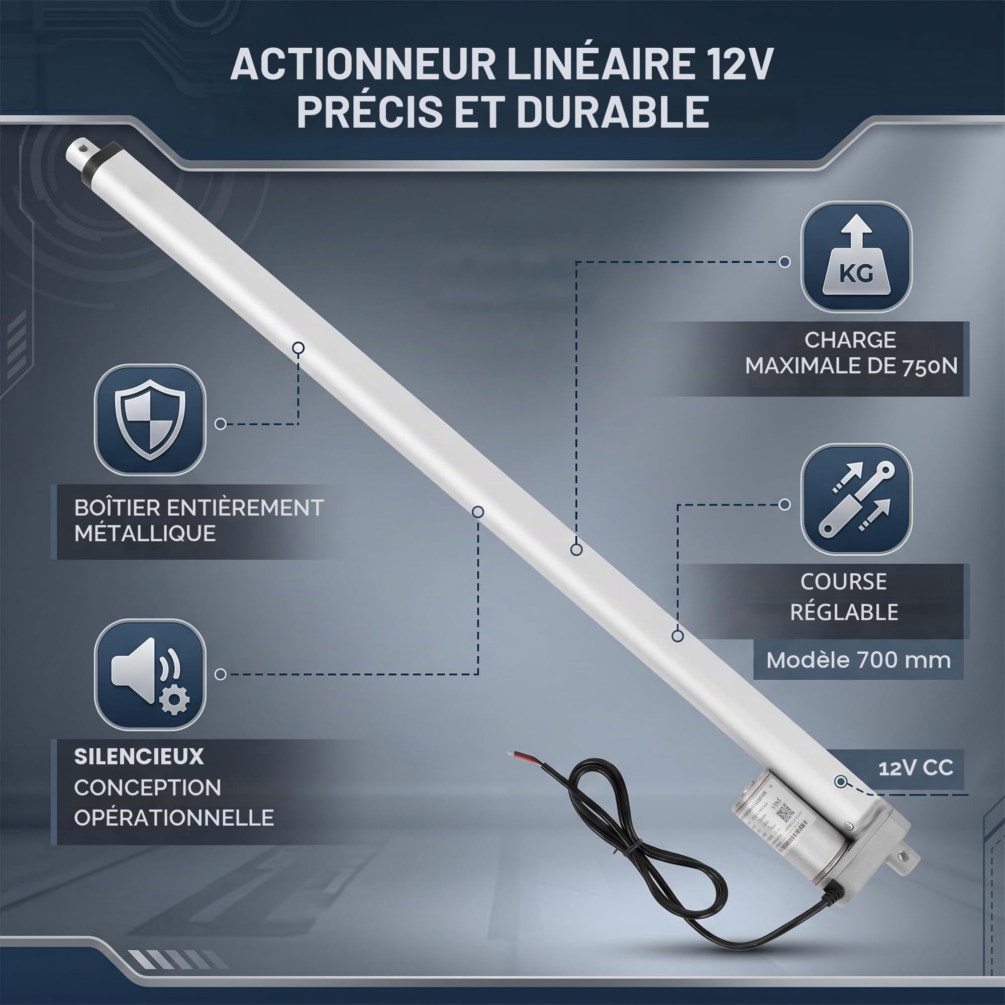 12V Force 750N Course 150-700mm Actionneur Linéaire Ascenseur Moteur Électrique Support DC Électrique Poussoir Moteur(700mm)