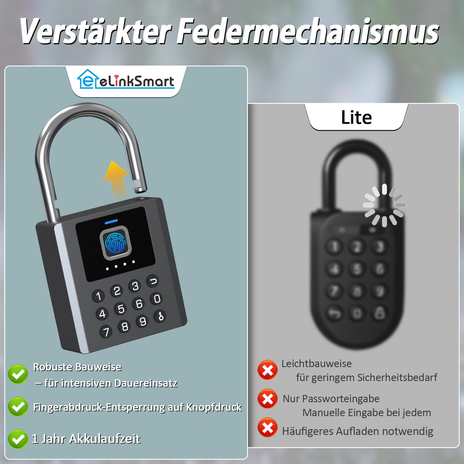 Fingerabdruck Vorhängeschloss Outdoor eLinkSmart Zahlenschloss mit 9-Tasten-Code, Bluetooth App-Steuerung, IP67 Wasserdicht, Schwerlast Bügelschloss mit 2 Schlüsseln für Tor, Gartenhaus, LKW