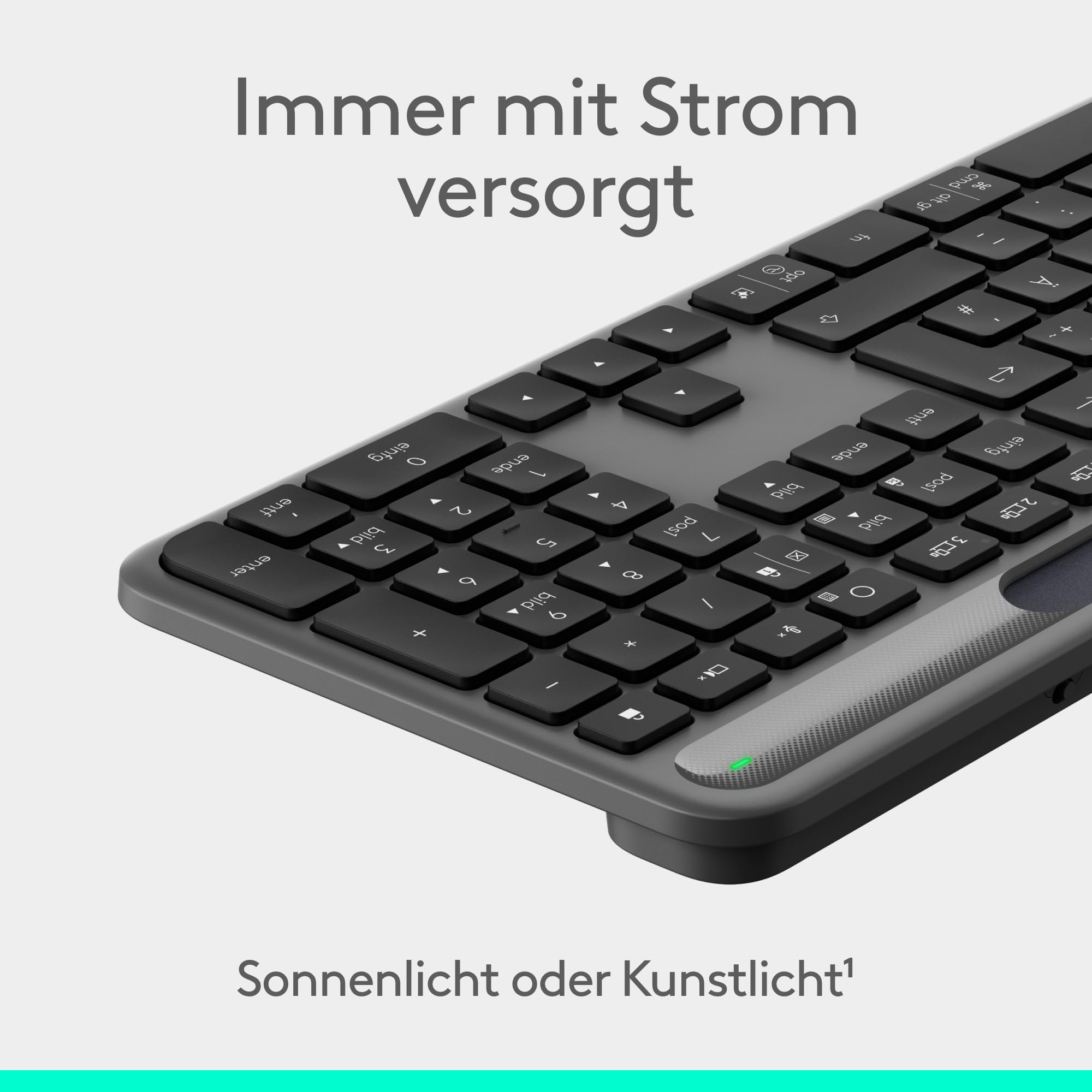 Logitech Signature Slim Solar+ kabellose Tastatur, solarbetrieben, auch mit künstlichem Licht, langlebiger Akku mit bis zu 10 Jahren Haltbarkeit, anpassbare Tasten, Bluetooth, DEU QWERTZ - Graphit