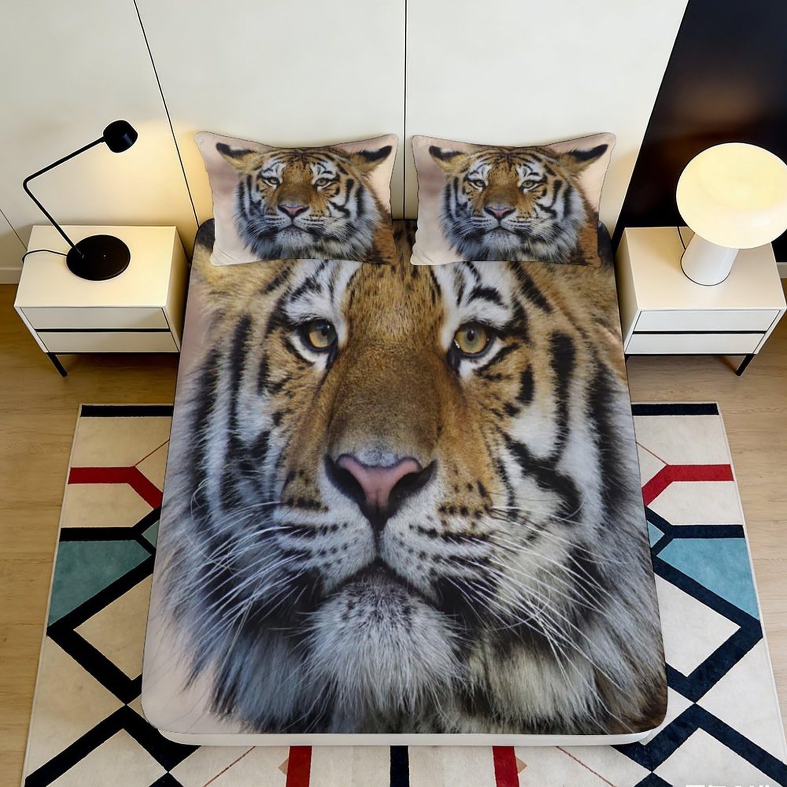 3D Printed Tiger Face Fitted Sheet Microfiber Soft Durable 3D Printed Tiger Head Bed Cover for Bedroom Dormitory Guest Room Mattress Protection 140x200x25cm