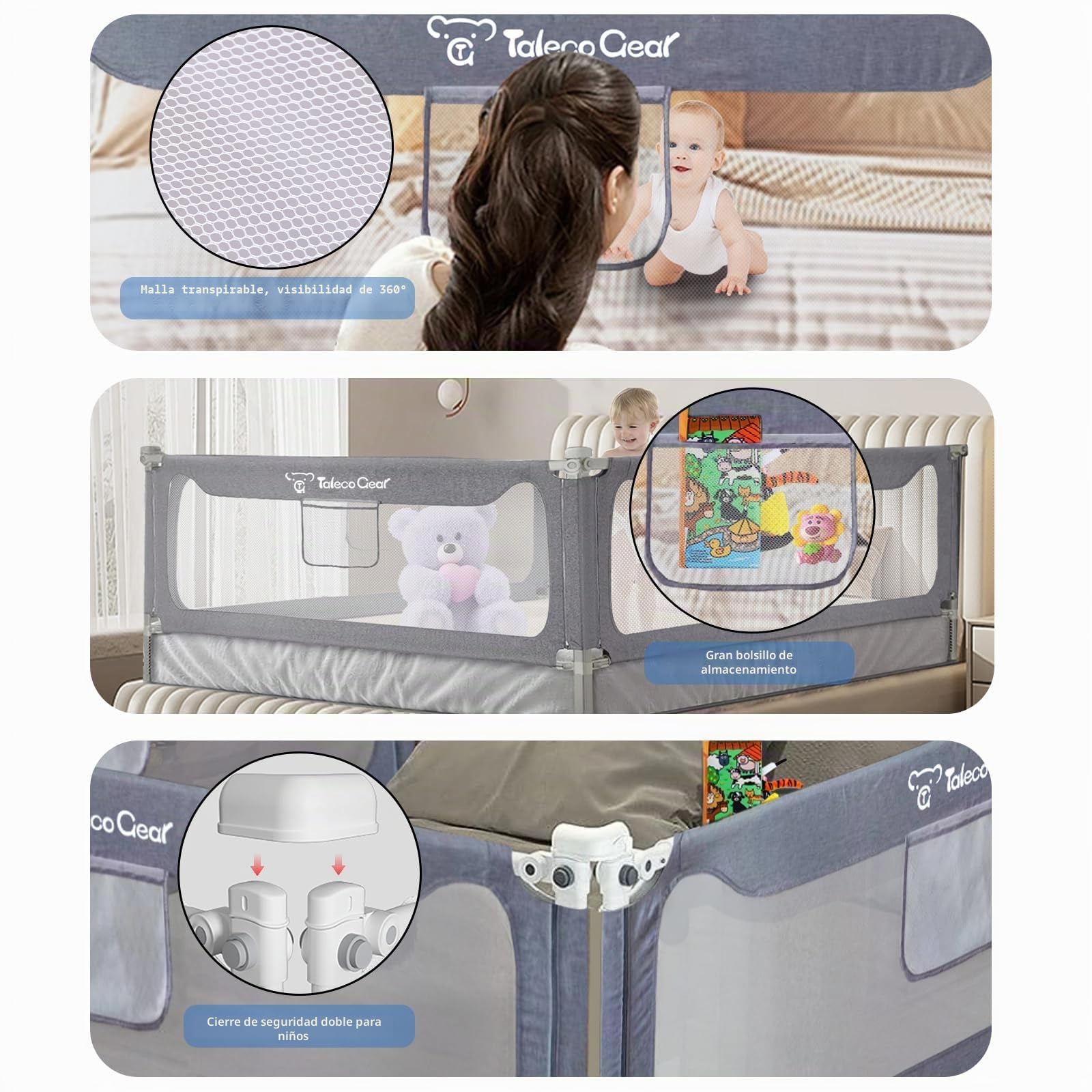 G TALECO GEAR Barrera para cama de 200 x 66 cm, barrera de cama para niños pequeños, protección contra caídas estable para niños y niñas, gris (1 pieza)