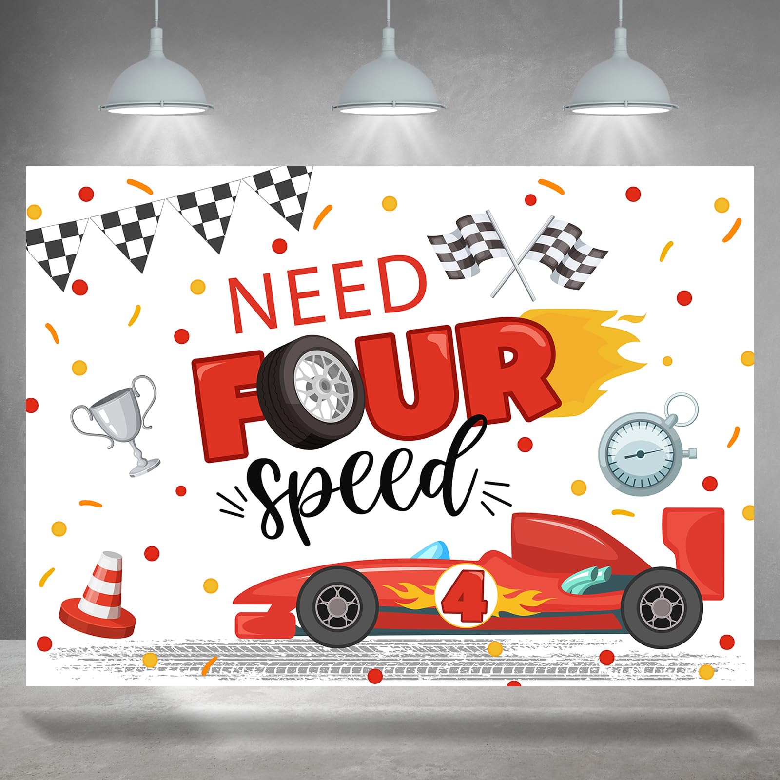 Rsuuinu Racing Car 4th Birthday Backdrop Need Four Speed Red Car Photography Background for Boys Kids Fourth Birthday Party Decoration Supplies Cake