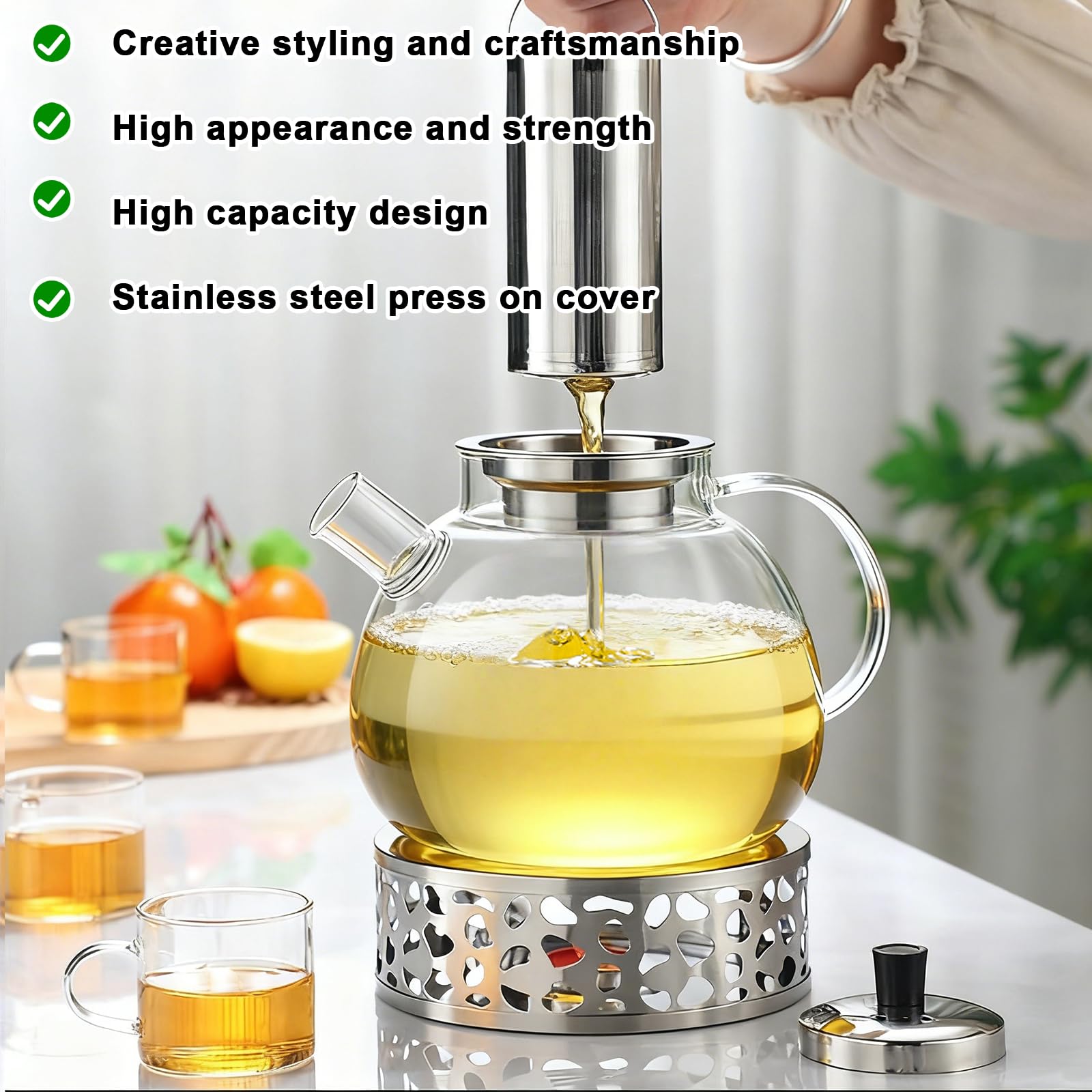 Teiera in vetro borosilicato da 1500 ml, con colino, fornello e coperchio, lavabile in lavastoviglie, per tè sfuso, tè alla frutta, mantiene caldo a lungo (1,5 l, lavabile in lavastoviglie)
