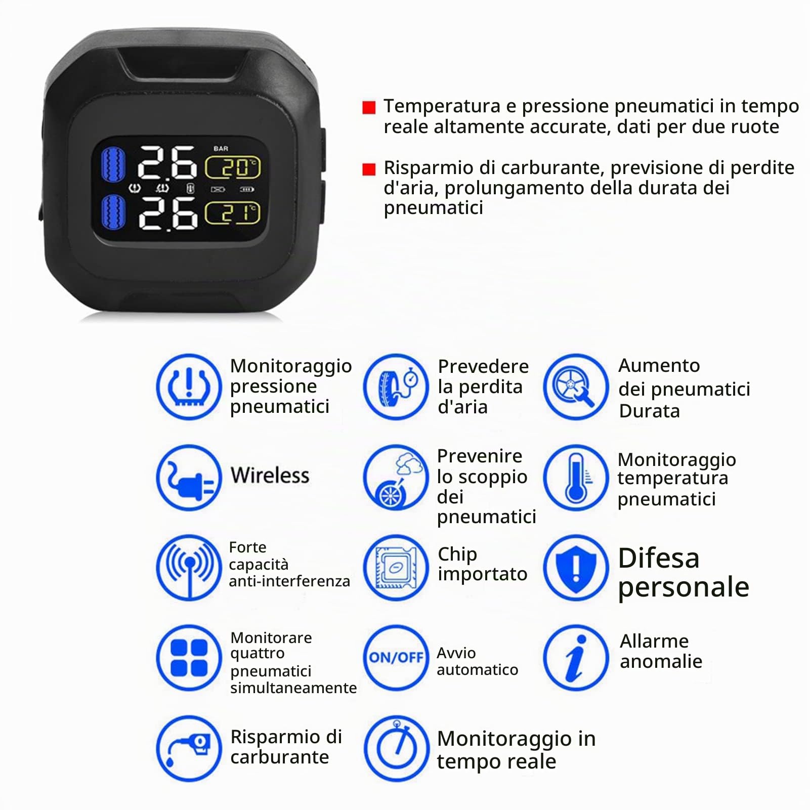 Bediffer di monitoraggio della Pressione dei Pneumatici con sensore TPMS Wireless Universale per Moto con 2 sensori Esterni per Moto