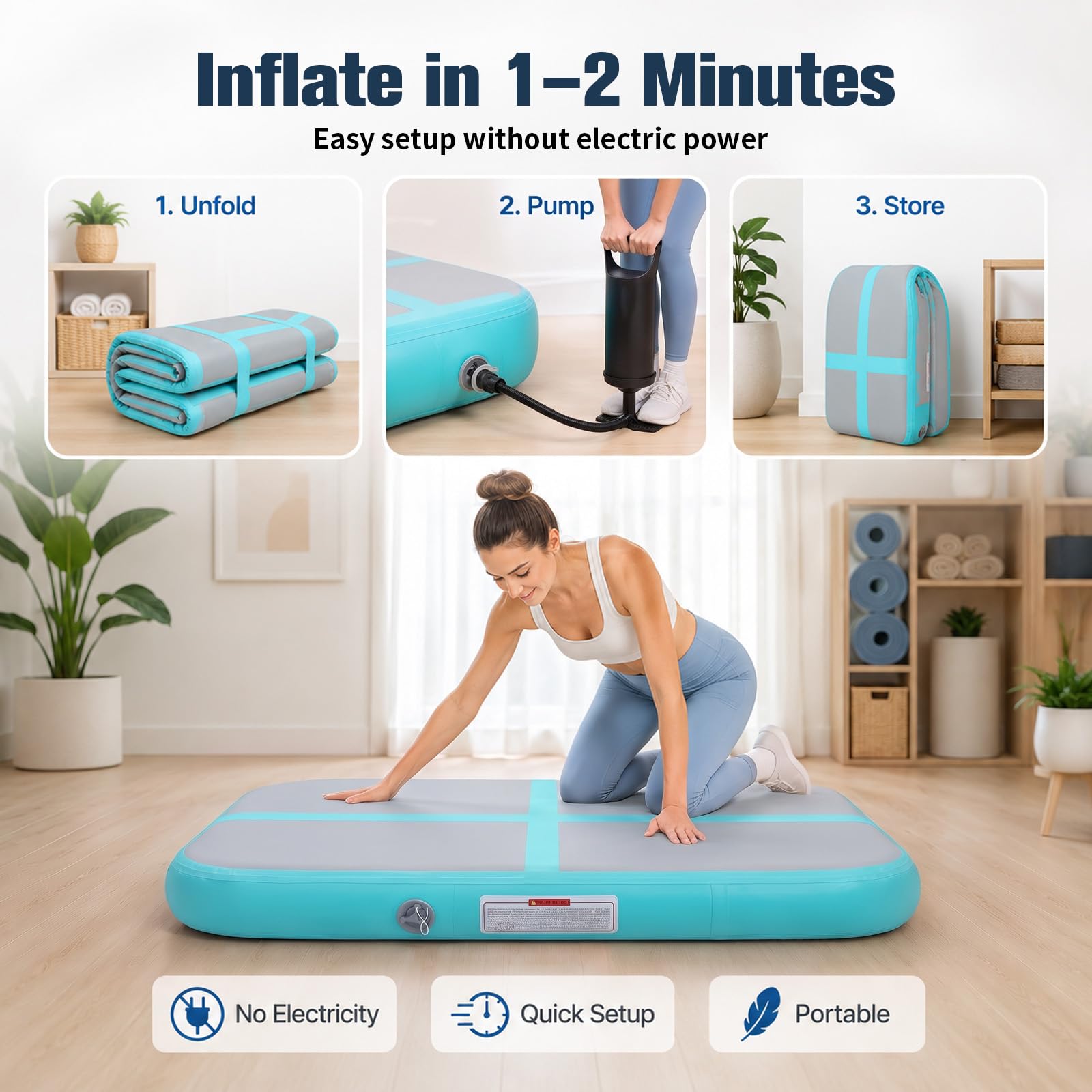 Aufblasbare Gymnastikmatte, Yogamatte Luftkissen Turnmatte aus PVC mit Pumpe, Tragbare Gymnastikblock-Matte mit Tragegriffen, Trainingsmatte für Pilates, Gymnastik, Kampfsport (1 * 1 * 0.2m)