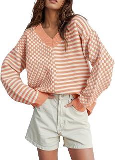 UNCLECAT Womens Striped Checkered Sweater V Neck Fall Trendy Pullover Tops
