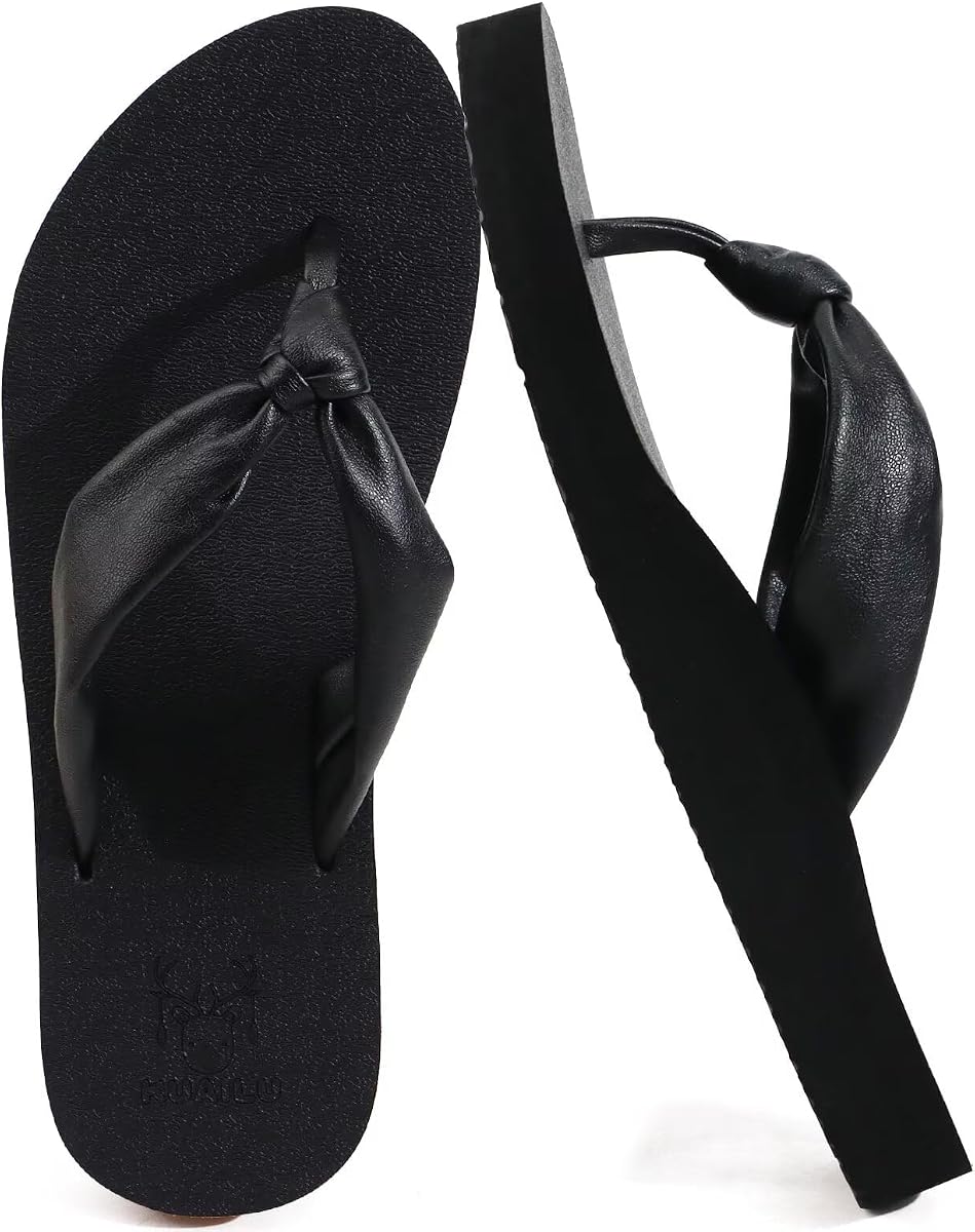 KuaiLu Womens Orthotic Flip Flops with Arch Support Yoga Mat Cushion Sandal | Trendy Fashion Leather Slip On Thong Sandals,Summer Beach Travel Walking Outfits Plantar Fasciitis Recovery Sandles