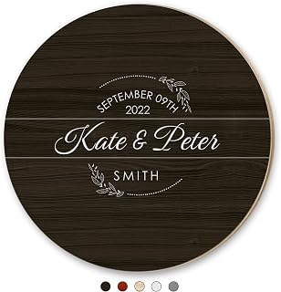 Personalized Wedding Guest Book Alternative for Newlyweds & Couples on Elegant Engagement Weddings, Rustic Circle Wood Sign, Customized Ceremony Date & Custom Family Name, Wood Color