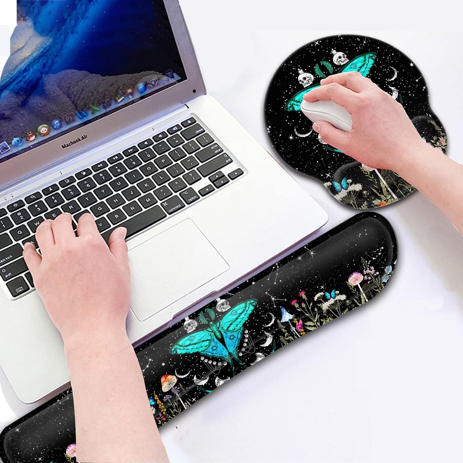 Keyboard Wrist Rest and Mouse Pad with Wrist Support,Ergonomic Gel Mouse Pad,for Easy Typing Pain Relief,Moth Moon Phase Witchy Black Mousepads Memory Foam Keyboard Wrist Rest Set Desktop Accessories