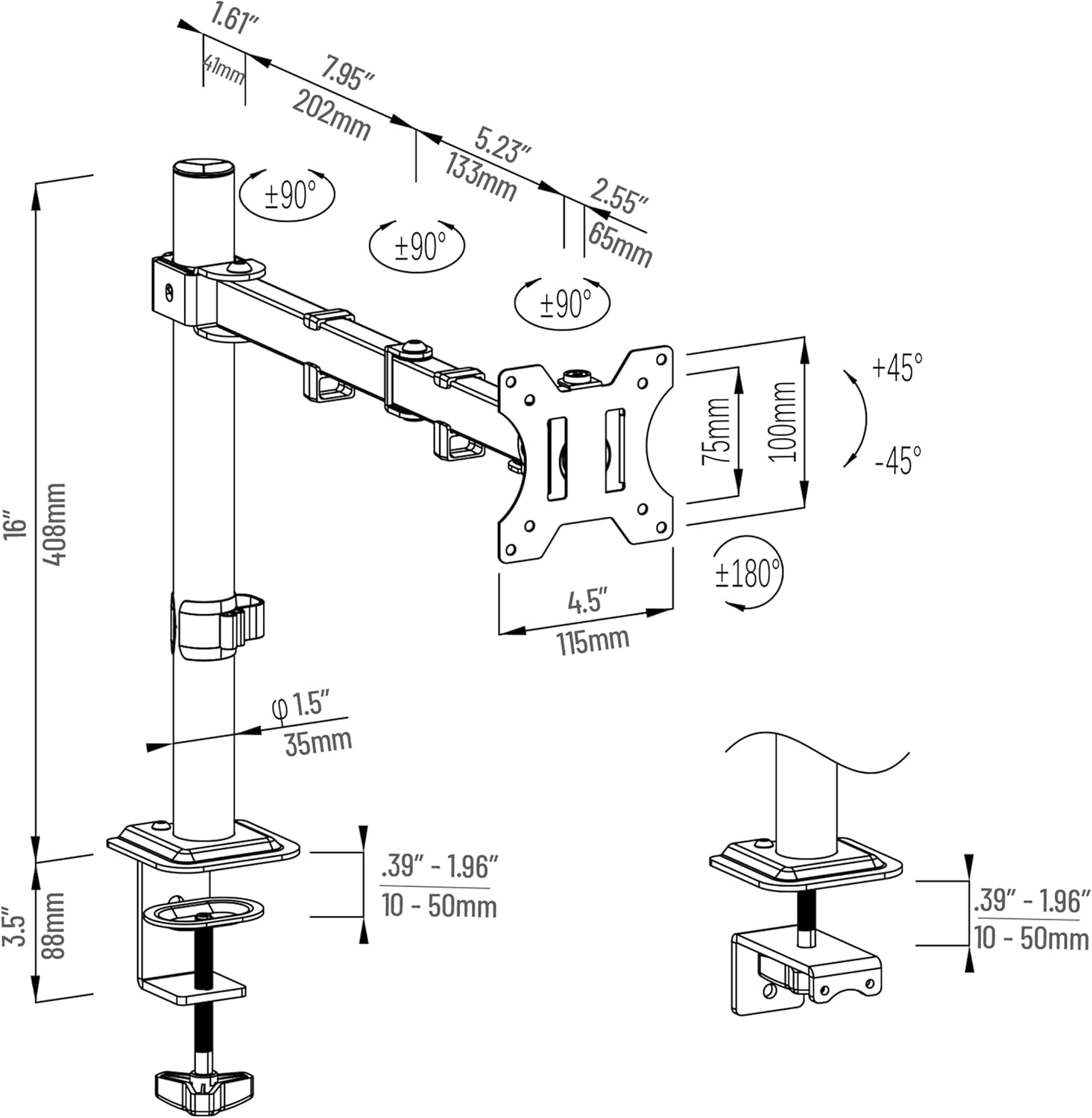 Mind Reader Single Monitor Desk Mount for 13–32 Inch Screens, Adjustable Tilt ±45°, Swivel ±90°, Rotate 180°, VESA 75x75/100x100, Holds up to 17.6 lbs, Cable Management, Quick Release, Black