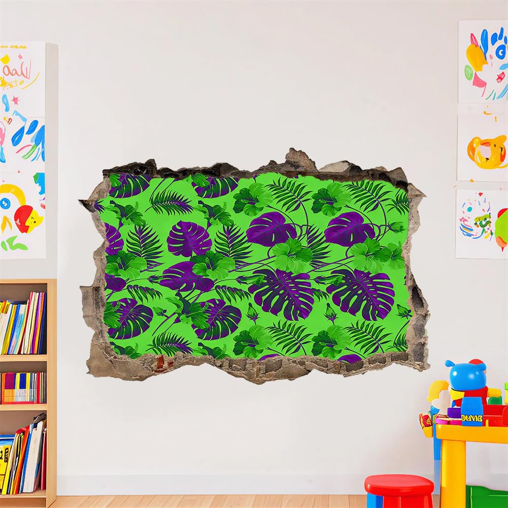 3D Wandtattoo Wanddurchbruch, Palmenblätter Durchbruch Wandaufkleber für Kinderzimmer, sticker für Wohnzimmer, Tropische Pflanzen, Grün Und Lila Wandsticker, Wandbild Junge Mädchen Schlafzimmer
