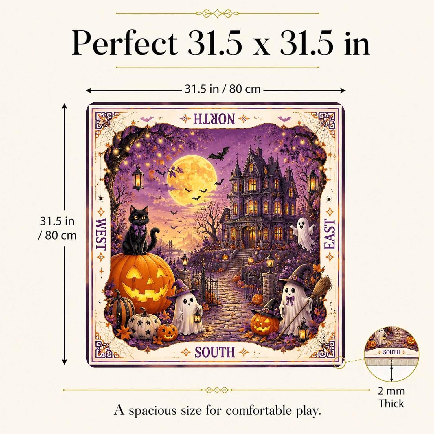 Halloween Purple Ghost Manor American Mahjong Mat, Mah Jongg Table Mat | Neoprene play surface helps grip tiles, soften sound, guard tabletops, and stores easily with the included bag and dice.