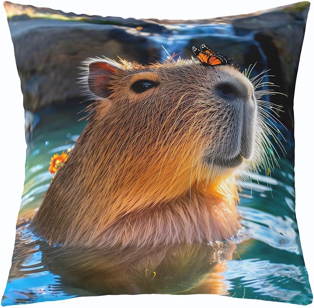 Erosebridal Cute Capybara Throw Pillow Covers 20x20 Inch Set of 4,3D Wild Animal Print Pillow Covers, Spring Butterfly Cushion Covers Cozy,Kawaii Wildlife Decorative Pillow Covers for Living Room