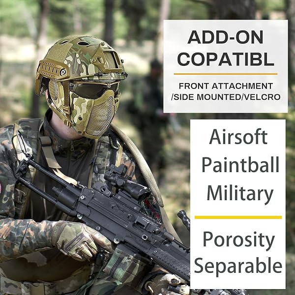 Casco Táctico Fast MH Combinado, con Protección Auditiva Plegable, Máscara de Malla de Media Cara y Gafas para el Juego de Juego Airsoft Paintball CS - 3