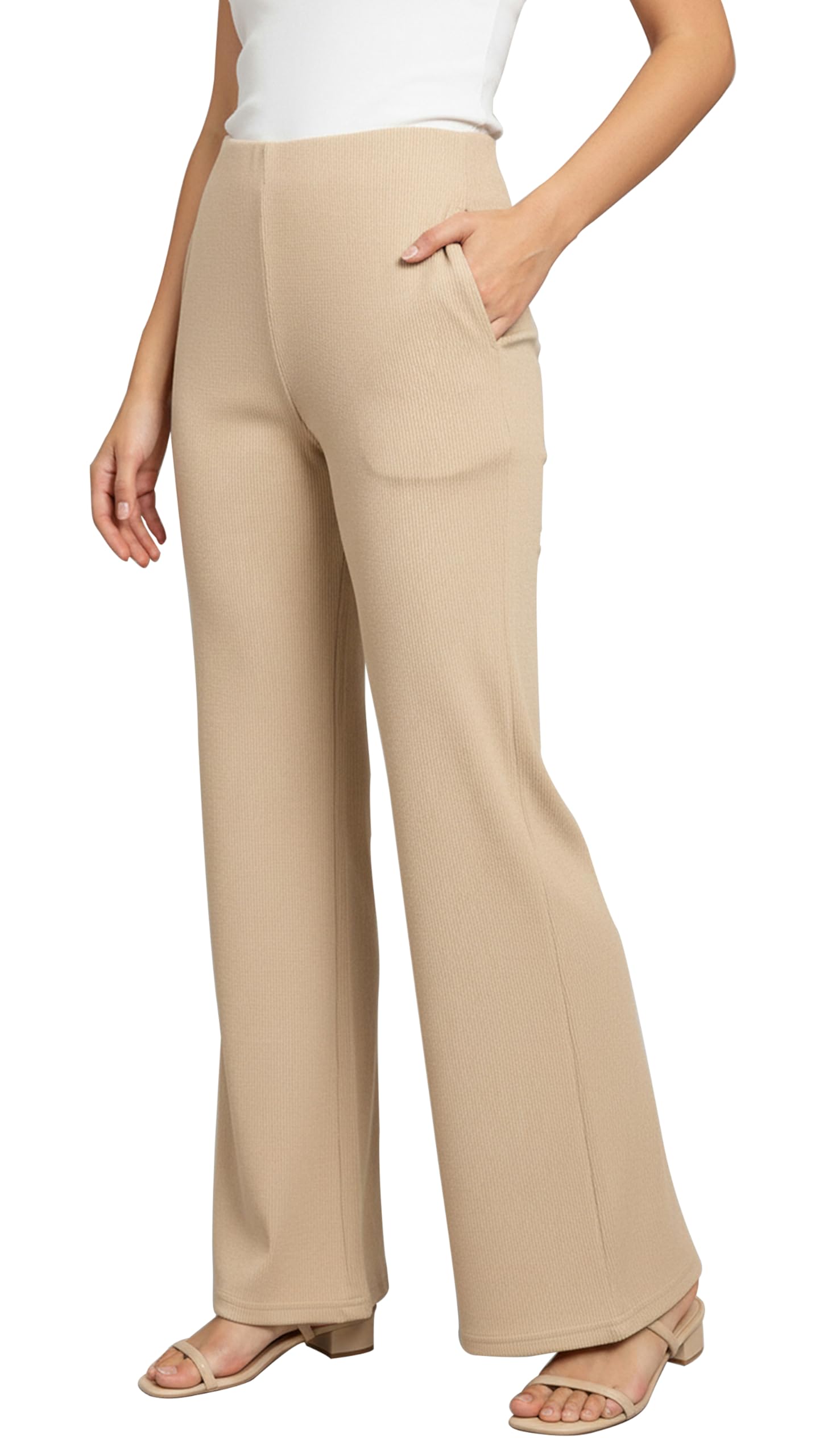 Mehrang High Waisted Wide Leg Ribbed Knit Trousers with Pockets | Casual and Stretchy Pants | for Women (in, Alpha, L, Regular, Cream)