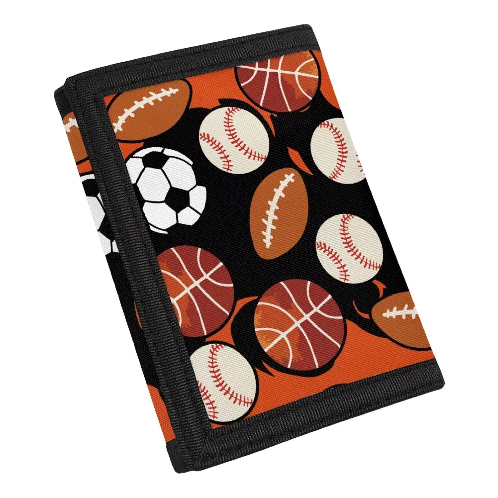 Rshubino Fire Soccer Wallet for Kids Basketball Boys Novelty Wallet for Children Rugby Wallet with Hook and Loop Baseball Trifold Wallet for Sports Outdoor