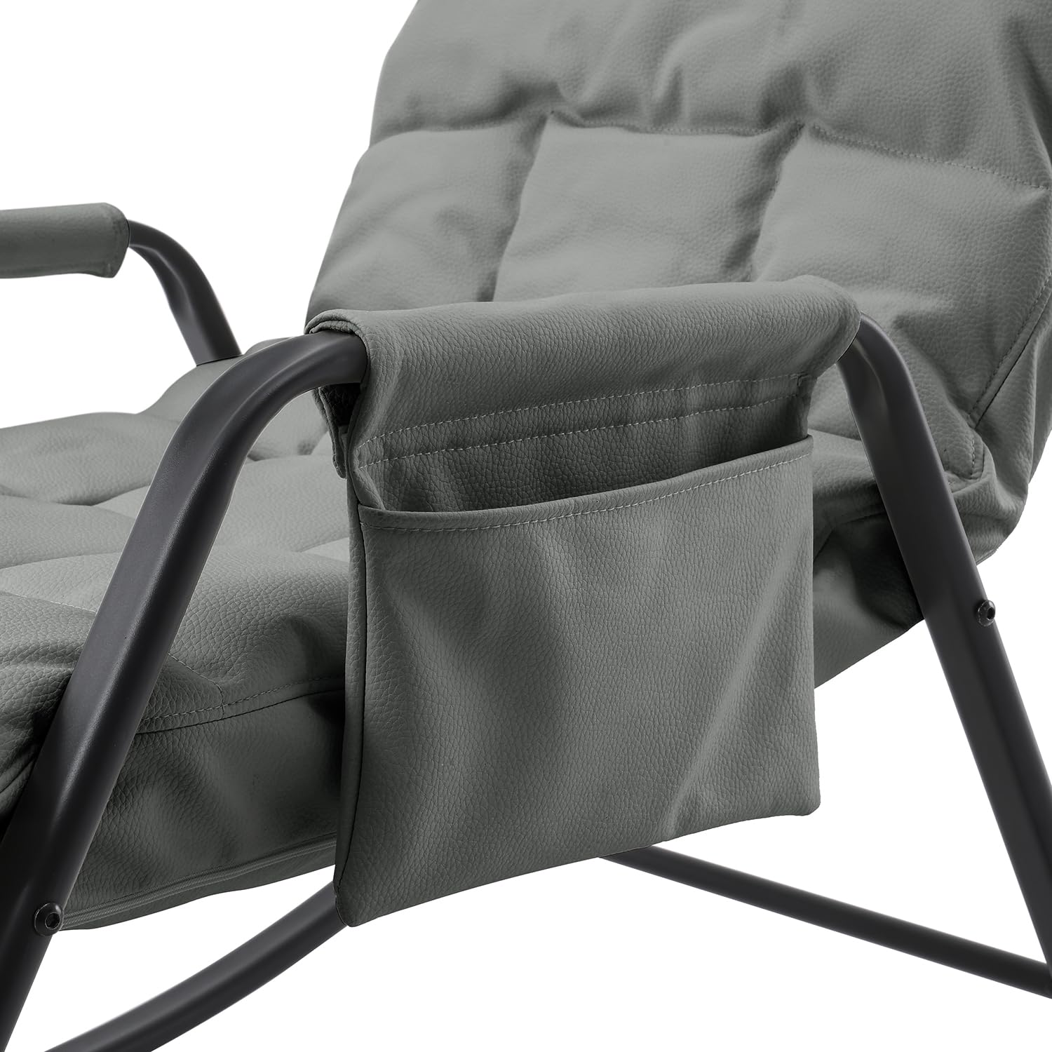 Schaukelstuhl Schaukelsessel mit PU-Leder,160°Neigung 5-Fach Verstellbare Rückenlehne,Ergonomischer Relaxsessel mit Metallgestell für Wohnzimmer Schlafzimmer,Grau