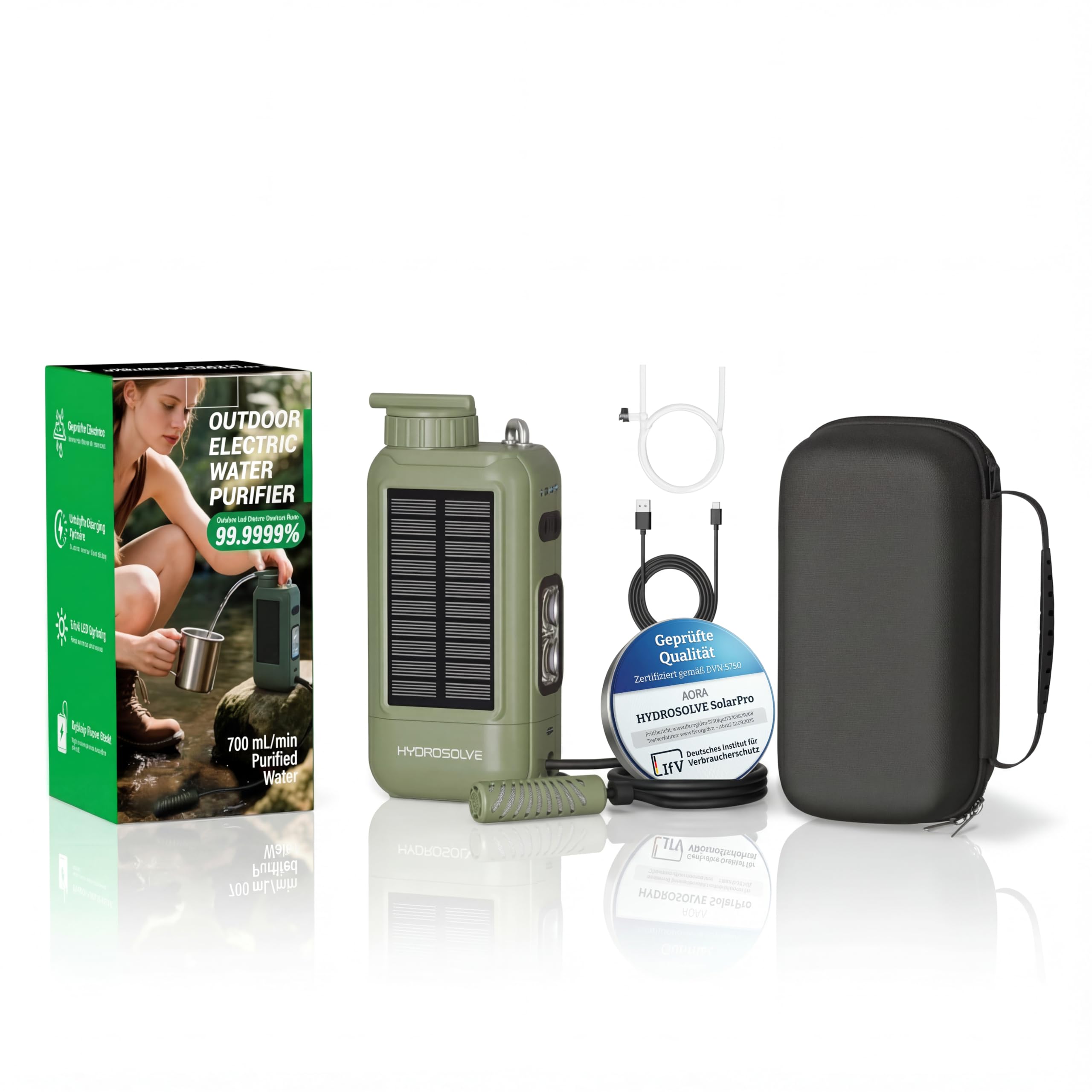 Hydrosolve SolarPro Elektrischer Outdoor Wasserfilter mit Solarladung | Trinkwasser aus Fluss, Bach & See | filtert 99,9999% Bakterien | Notfall-, Kriesen- & Survival-Filter (HYDROSOLVE SolarPro)
