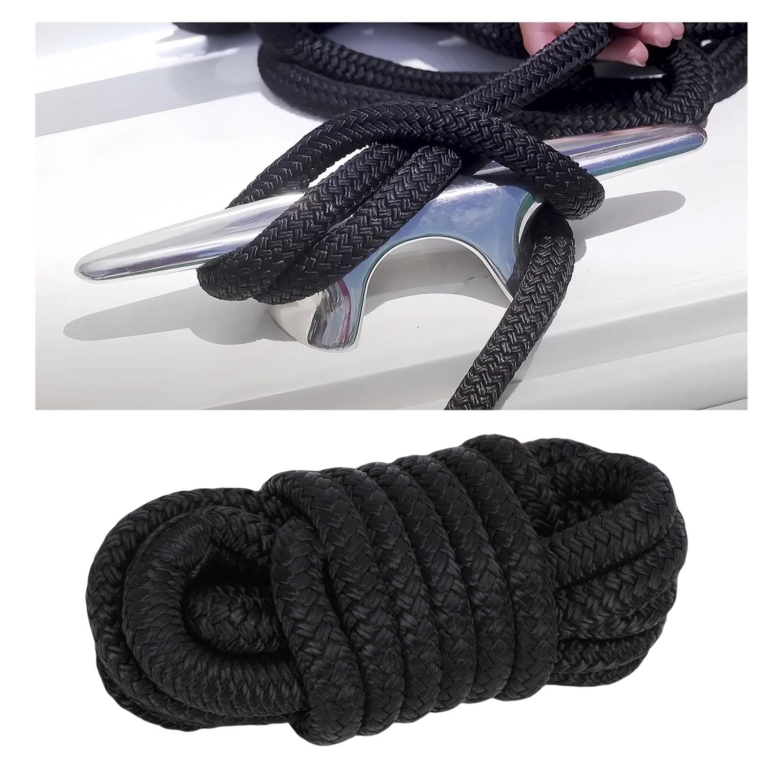 Jiawu Cime per Ormeggio per Barche, Corda Marina in Nylon Intrecciato Doppio da 1/2 Pollice X 15 Piedi con Anello da 12 Pollici per L'ormeggio Dell'ormeggio Nei Porti Turistici dei (BLACK)