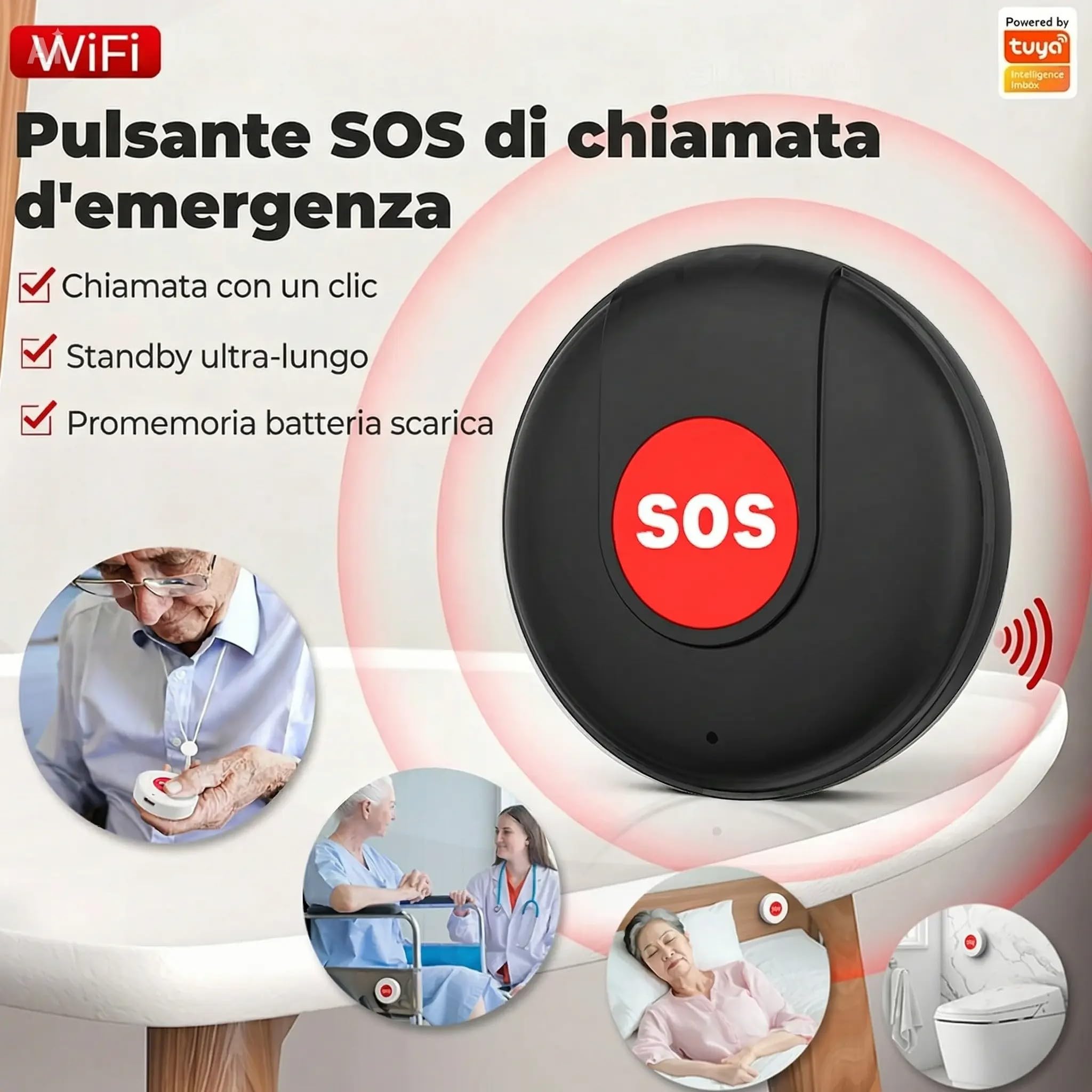 SOS Anziani e Bambini: Allarme Personale con Pulsante di Emergenza. Compatibile con APP Tuya e Smart Life. Notifica sul Telefono, Non Serve SIM. lunga autonomia. (Nero) - 2