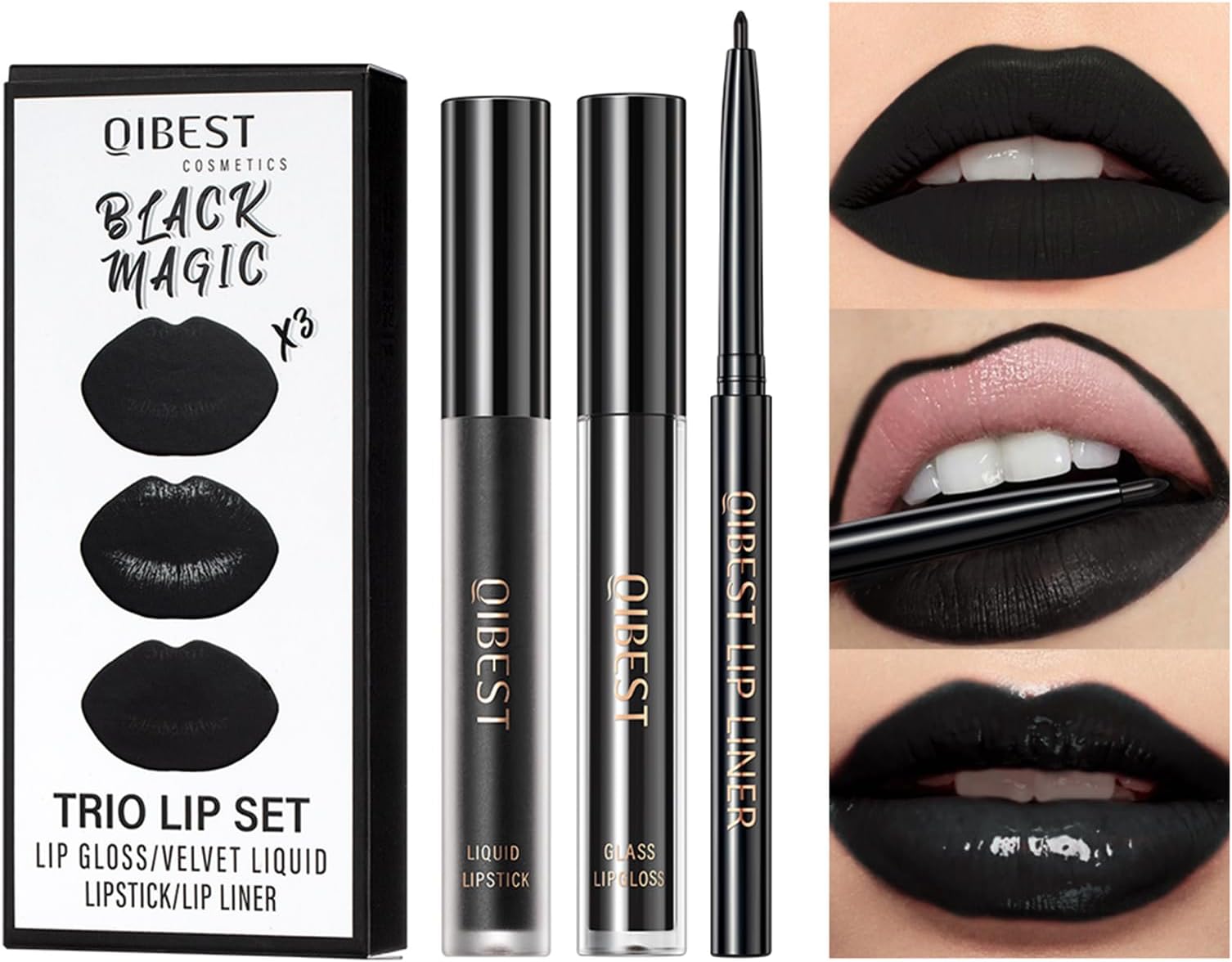 QiBest 3-in-1 Black Lipstick Set for Halloween & Goth Makeup, Matte Liquid Lipstick + Lip Gloss + Gel Lip Liner Pencil Lip Kit for 24 Hours Long Lasting & Waterproof Gothic Lip Makeup (Black Magic)