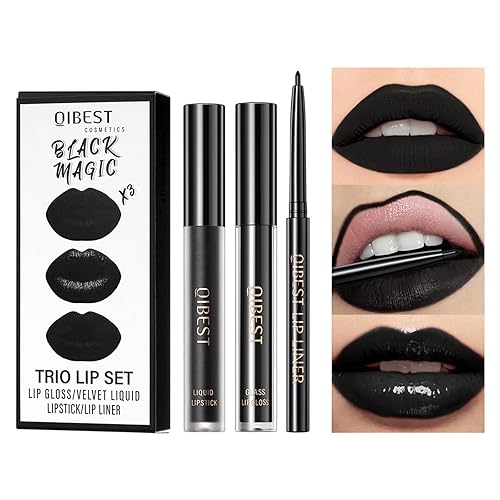 QiBest 3-in-1 Black Lipstick Set for Halloween & Goth Makeup,