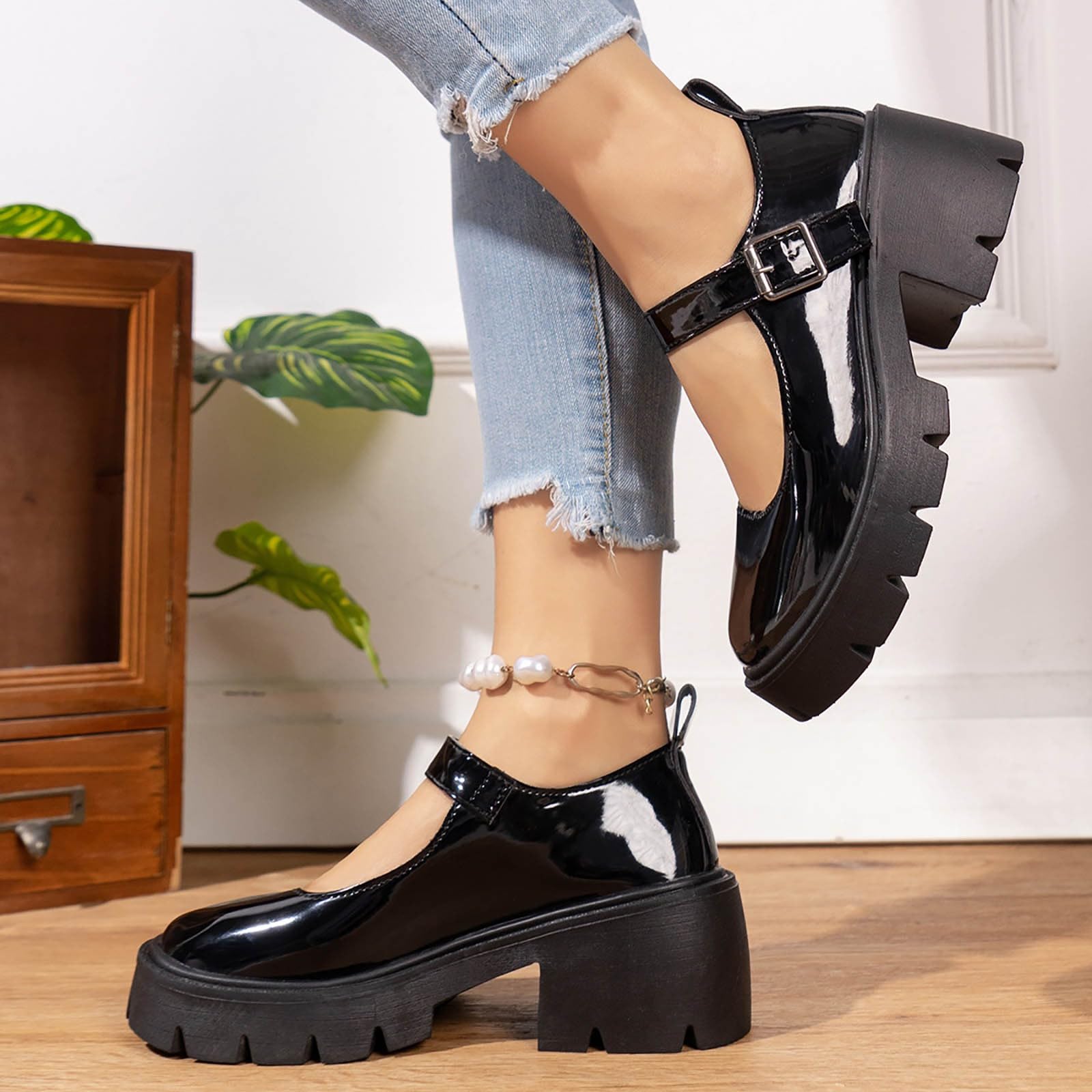 Lolita - Scarpe da donna con plateau Mary Jane, tacco a blocco, in pelle verniciata | Scarpe gotiche con fibbia, da principessa, antiscivolo, con plateau, per costumi cosplay