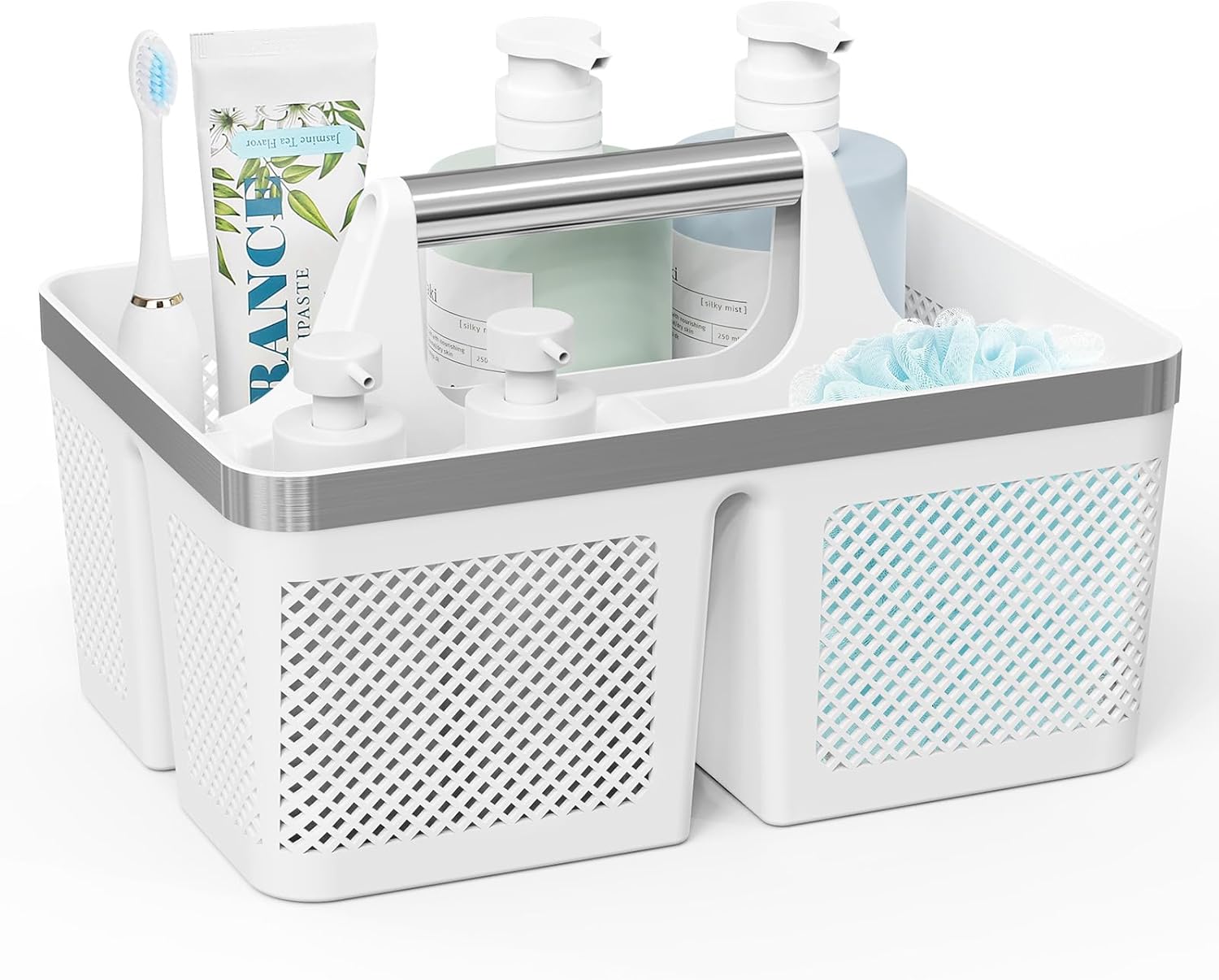 Plastic Shower Caddy Dorm: Portable Bathroom Caddy Organizer with Handle and Holes, Cleaning Basket, Hard Shower Basket Storage Tote for Toiletry, College Dorm Room Essentials White/Silver Snow white / Brushed silver