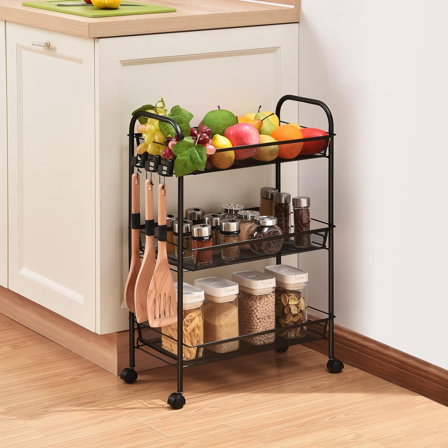 Lukzer Metal 3 Layer Shelf Kitchen Rack with Wheels Spice Storage Solution Vegetable Fruits Trolley Organizer Basket Floor Standing (Black/ 16x44x62CM) (B0D9BWKGJZ) Amazon Price History, Amazon Price Tracker