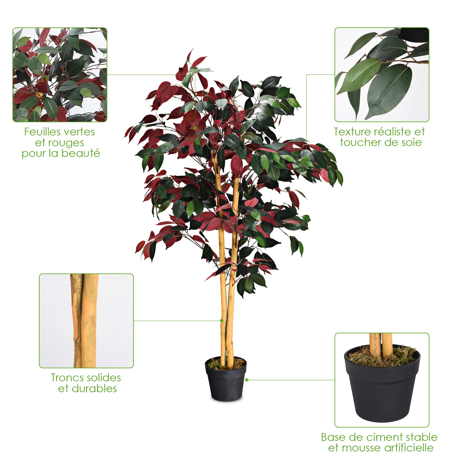 COSTWAY Plante Artificielle Arbre Ficus Artificiel Hauteur 120 CM Décoration Intérieur et Extérieur avec Pot Cimenté pour Salon, Balcon, Chambre, Bureau, Séjour