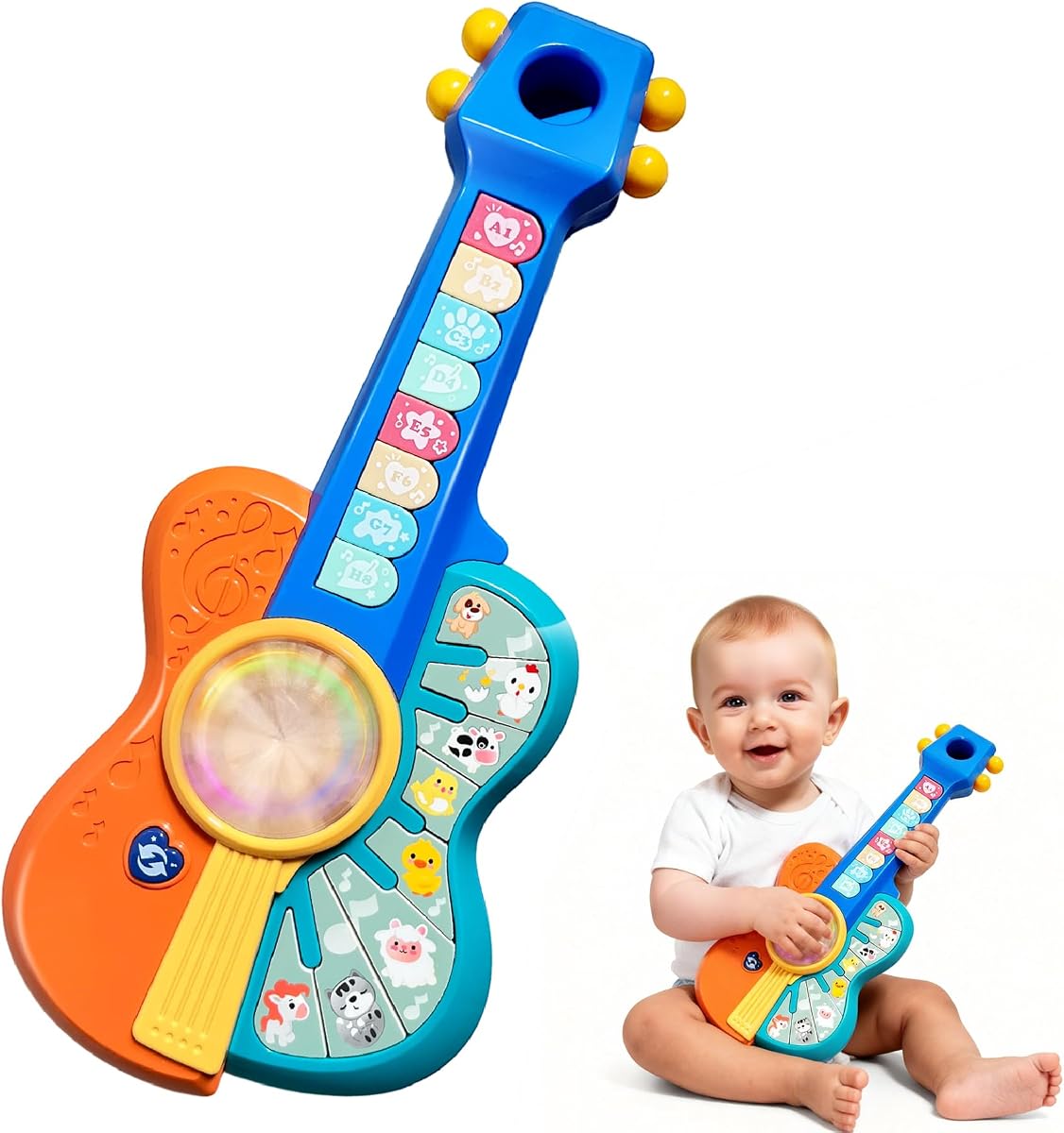 Juguetes musicales de guitarra para niños de 1 a 2 años, múltiples modos con teclas de piano, sonidos de animales, musical, juguetes para bebés de 12 a 18 a 24 meses, regalos para niños y niñas de un año