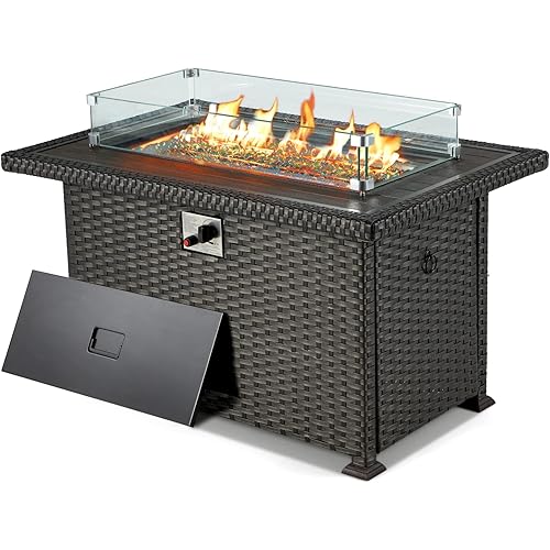 HOMREST Propane Fire Pit Table, 44 Inch 50,000 BTU Auto-Ignition Gas Fire Pit Table Rectangular /w Glass Wind Guard, Wood Plastic Composites Tabletop, CSA Certification Firepit for Outdoor Patio Lawn