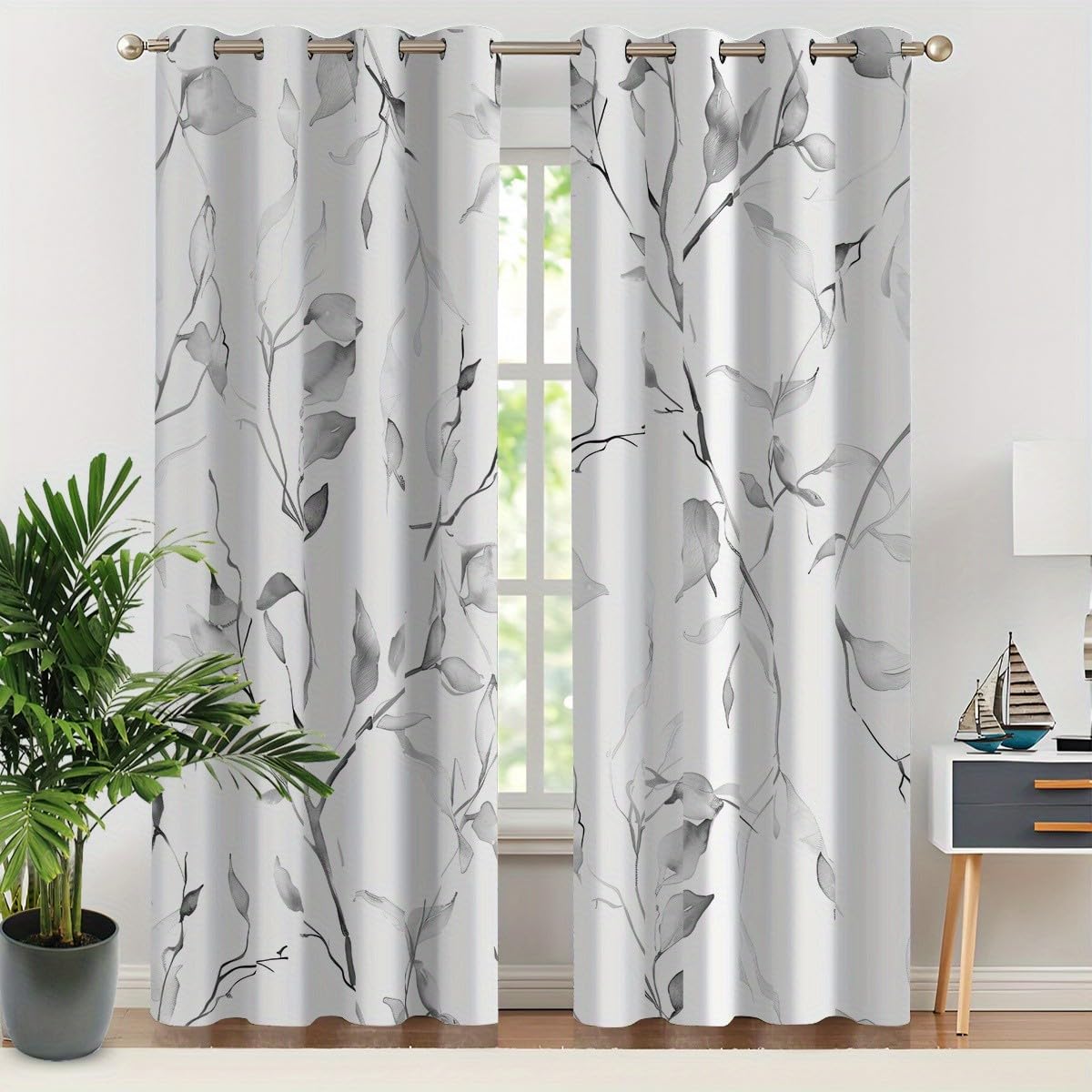 Lot de 2 Rideaux Branches Encre Nouveau Style Chinois 280L X 280H Cm Rideau Occultant Thermiques Isolant Anti, Applicable à Rideaux Chambre Et Salon, Rideau Cuisine, Plantes Noir & Blanc-AB12