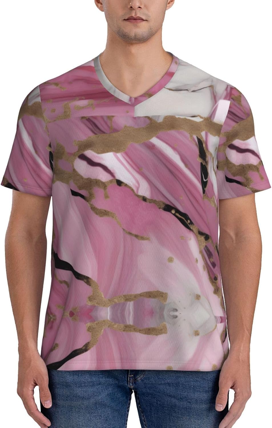 Pink White Marble Pattern Rugby Football Jersey for Men, Comfortable V-Neck Loose Fit Top for Team Sports Athletics