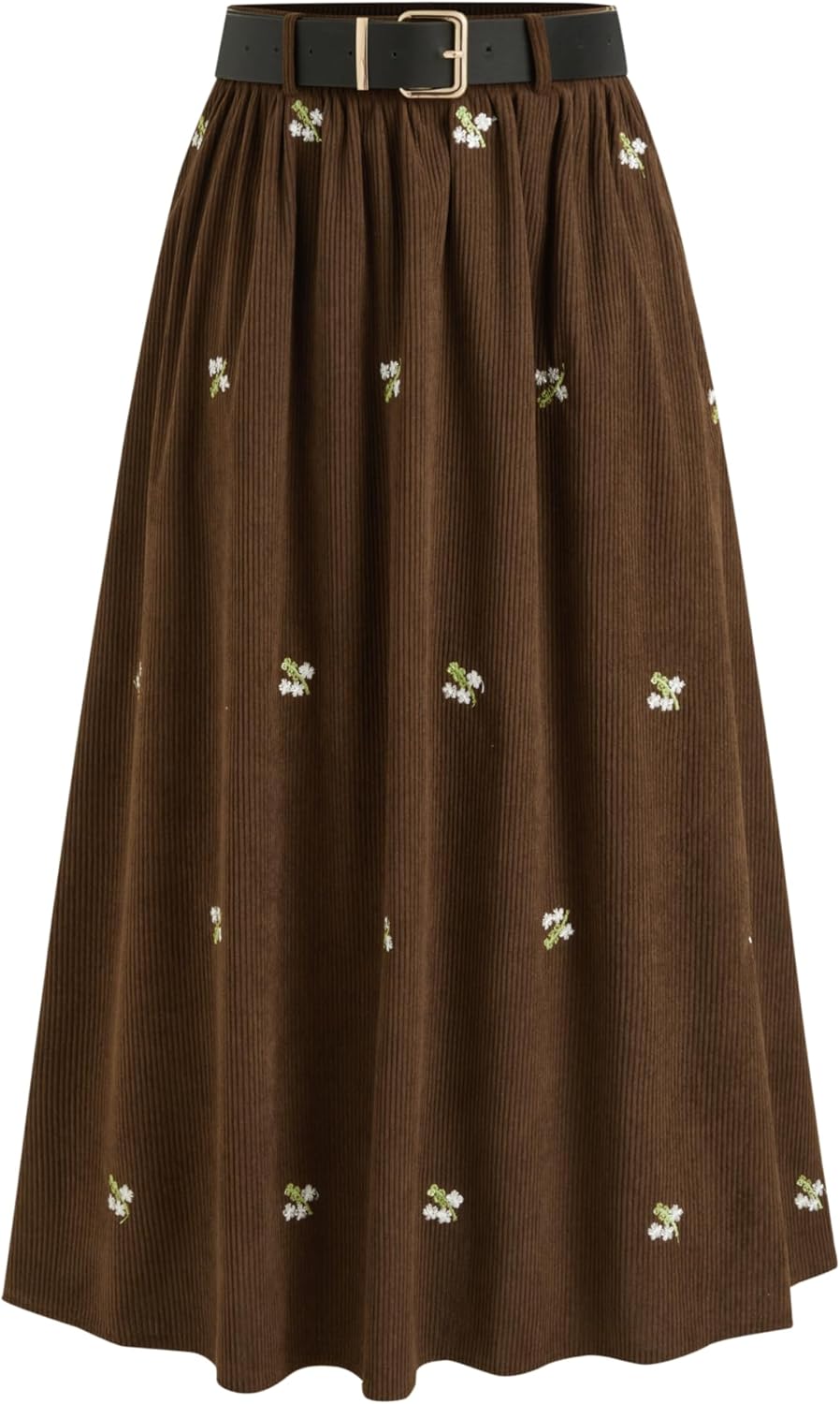 CIDER Skirts for Women Corduroy Floral Embroidery Mid Waist Ruffle Pocket A Line Maxi Skirt with Belt