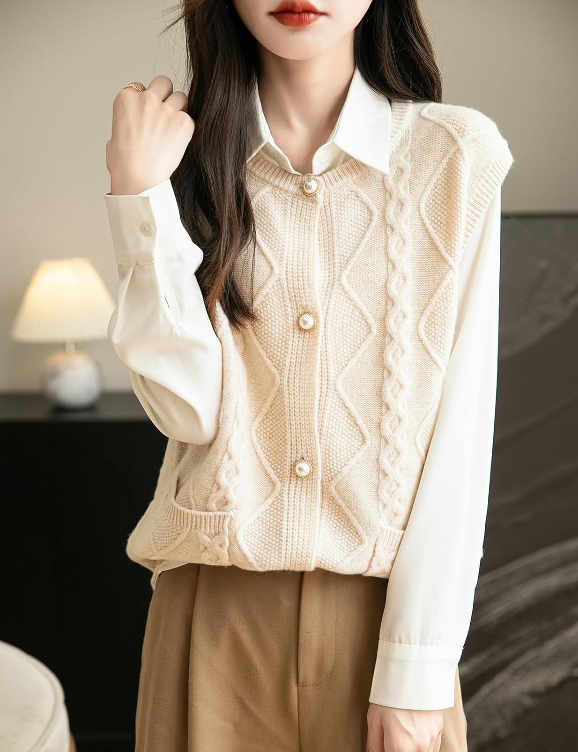 Chanyarn Women's 100% Merino Wool Sweater Vest 2025 Fall Winter Crew Neck Button Down Sleeveless Cable Knit Sweater Vest - Image 5