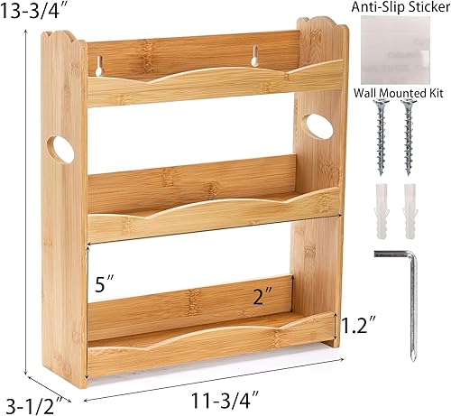 Miniatura 2 de Jucoan Estante de especias de bambú de 3 niveles para encimera, soporte de especias montado en la pared, estante organizador de frascos, estante