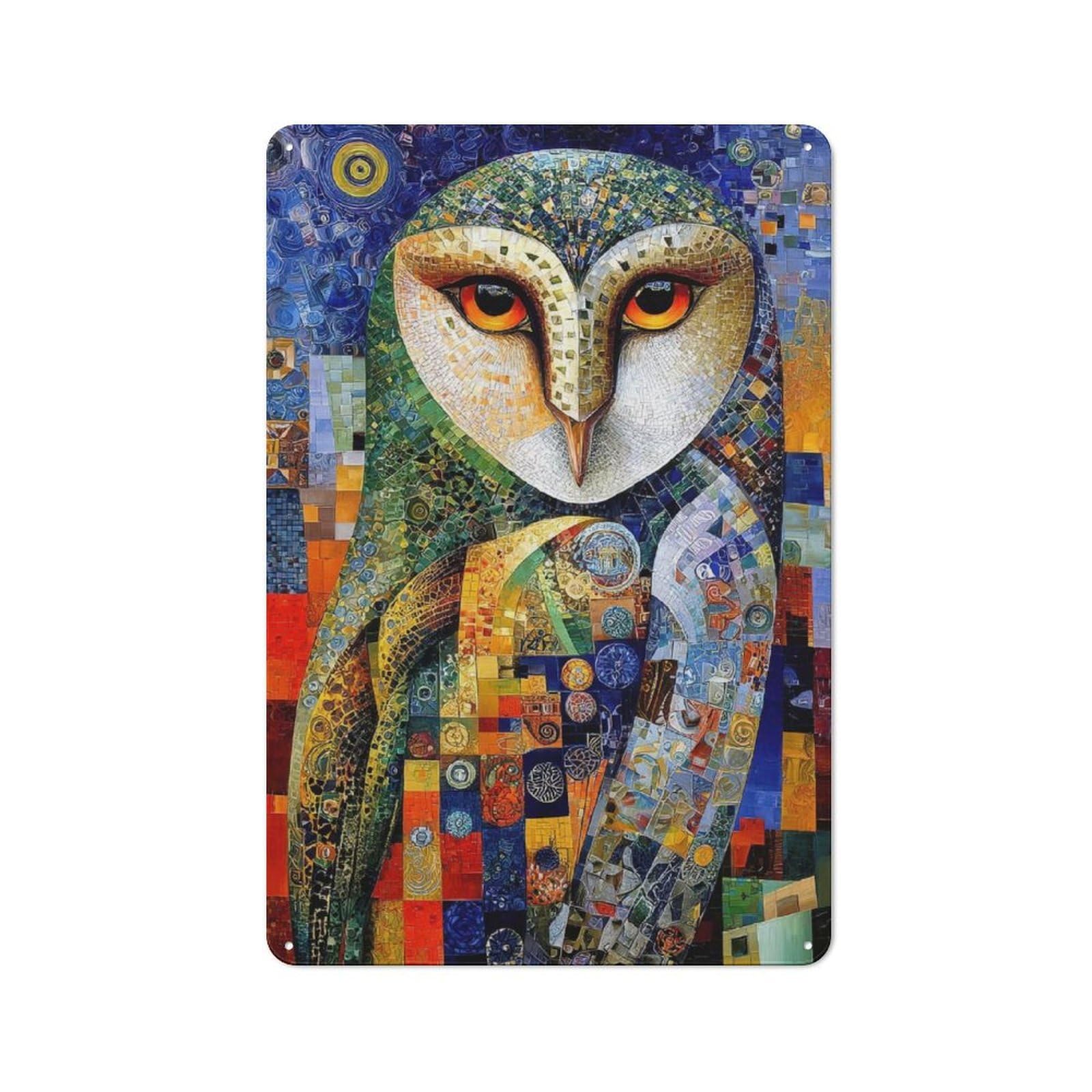 Junmoney Style Vintage Metal Sign 30X20cm Featuring Mosaic Owl Portrait For Pub Or Café, Wall Decor For People Reorganising Pub And Café