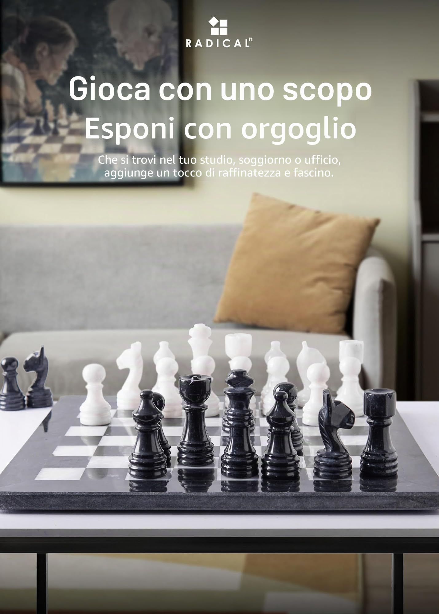 Radicaln Set di scacchi in marmo da 30,5 cm, in bianco e nero, fatti a mano, 1 tavolo e 32 figure, giochi da tavolo per 2 giocatori