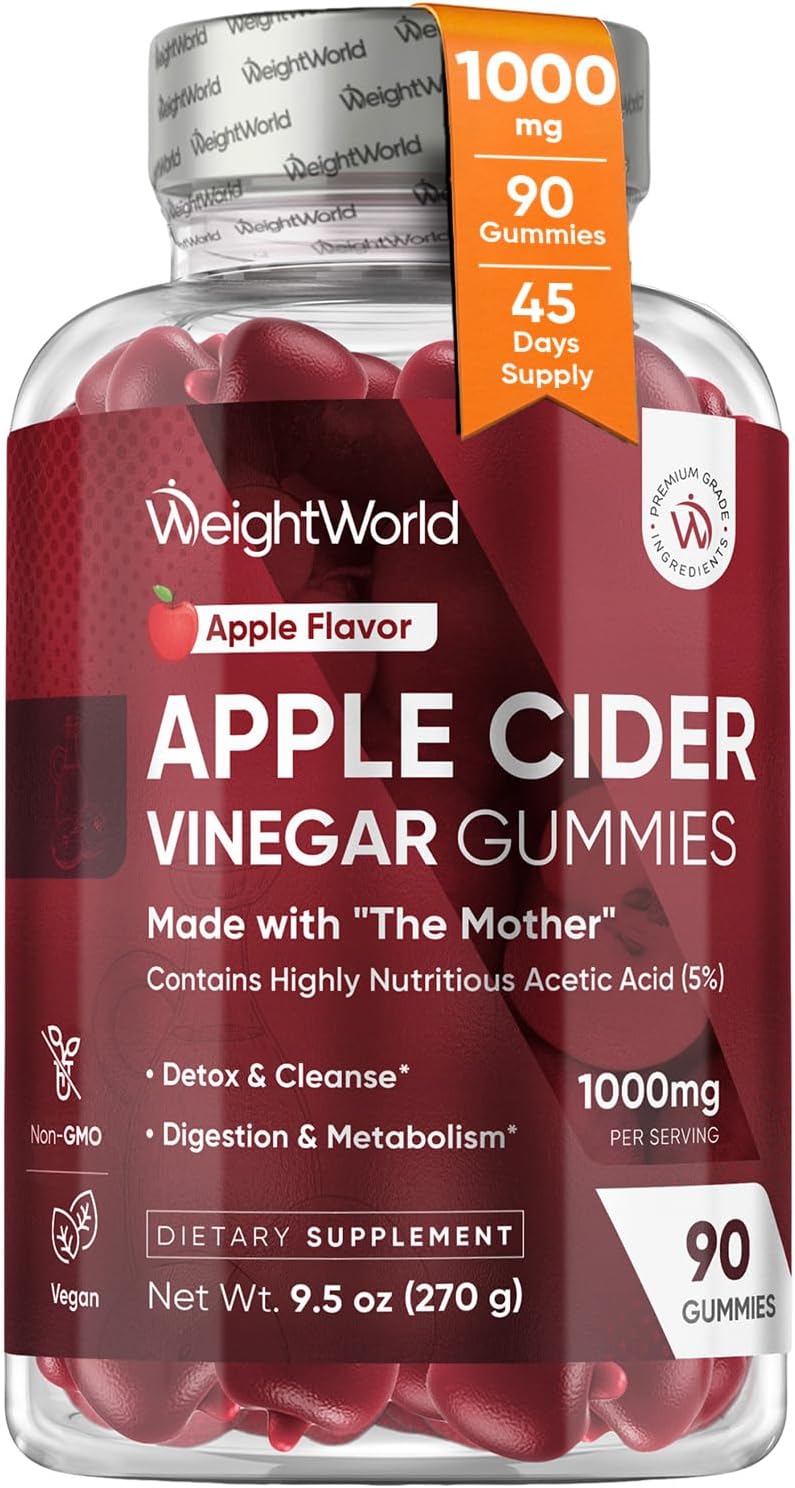 WeightWorld Apple Cider Vinegar Gummies 1000mg with The Mother + VIT C, B12-9-6, Beetroot | ACV Gummies - Digestion, Metabolism, Detox & Cleanse | Vegan Apple Cider Vinegar with Mother, 90 Count