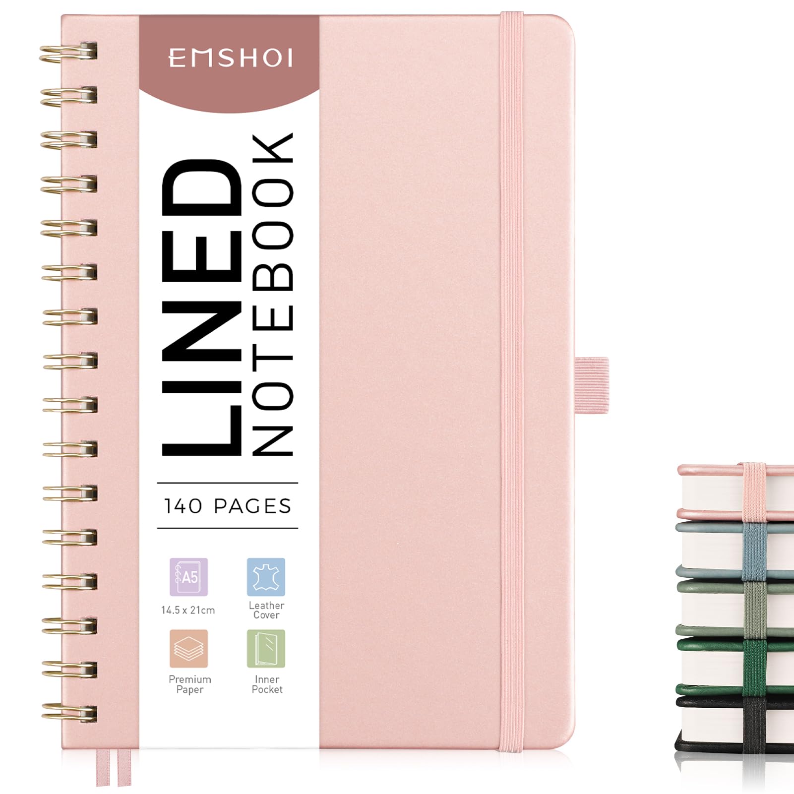 EMSHOI A5 Notebook College Ruled, Spiral Notepad, 100gsm, HardCover Leather, Sticky Notes, Pocket, Pen Loop, Ruler, Bookmark