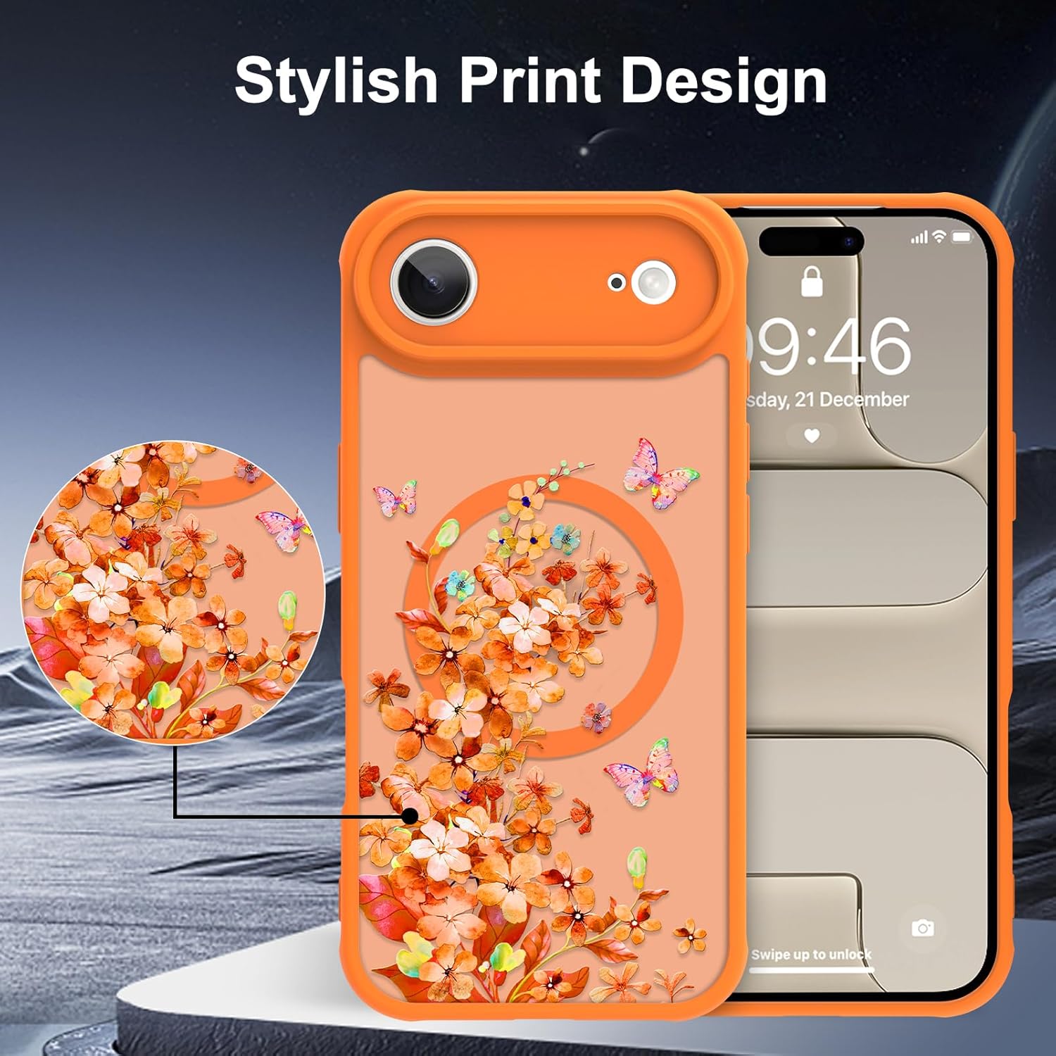 AIGOMARA Magnetic Case for Air [Compatible with MagSafe] Cute Orange Watercolor Floral Butterfly Pattern Phone Case for Women Gilrs Soft TPU and PC Back Protective Slim Phone Cover