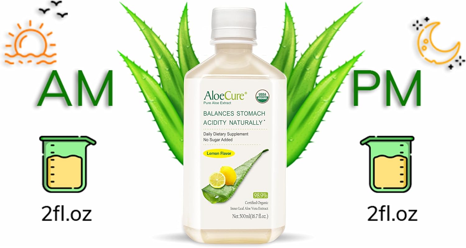 AloeCure USDA Organic Certified Pure Aloe Vera Juice Lemon Flavor, 2x500ml Bottles, Inner Leaf, Acid Buffer, Processed Within 12 Hours of Harvest to Maximize Nutrients, No Charcoal Filtering : Health & Household