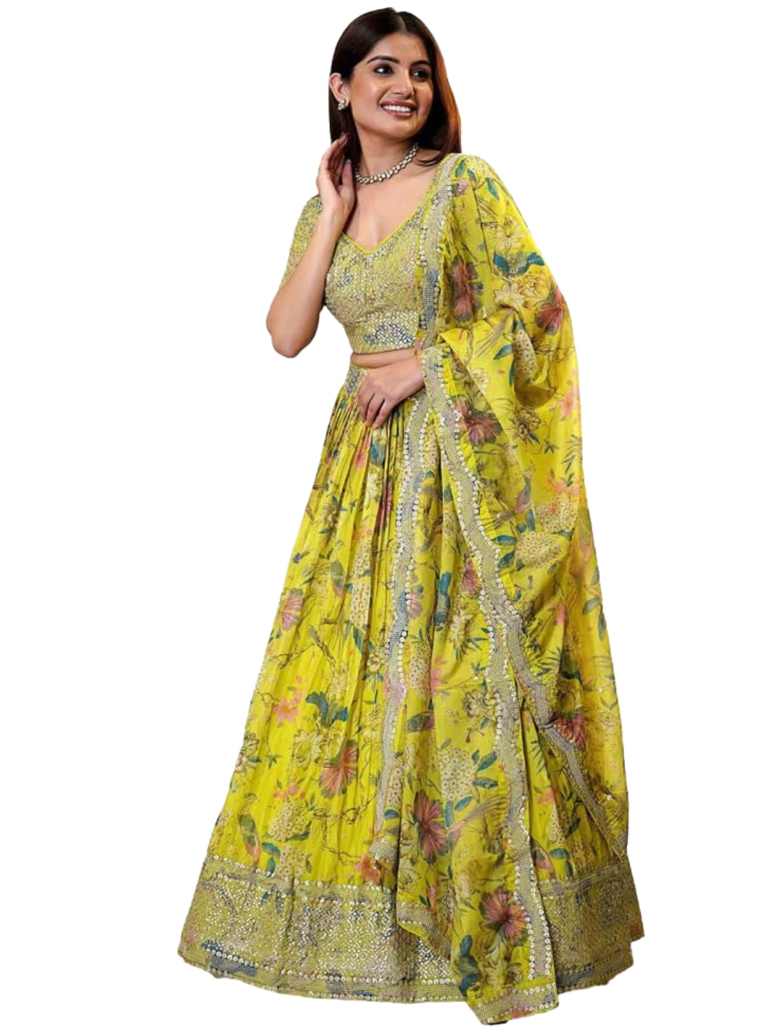 jihu culture Women's Yellow Digital Print with Sequence Zari Embroidery Work Semi-Sttiched Lehenga Choli Set-picture-22