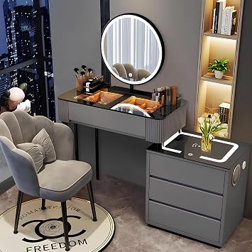 Makeup Vanity Desk with LED Lights, Bedroom Dressing Table with Drawers Small Vanity Table with Charging Station, Organizers Dressing Table for Girls Women 80cm