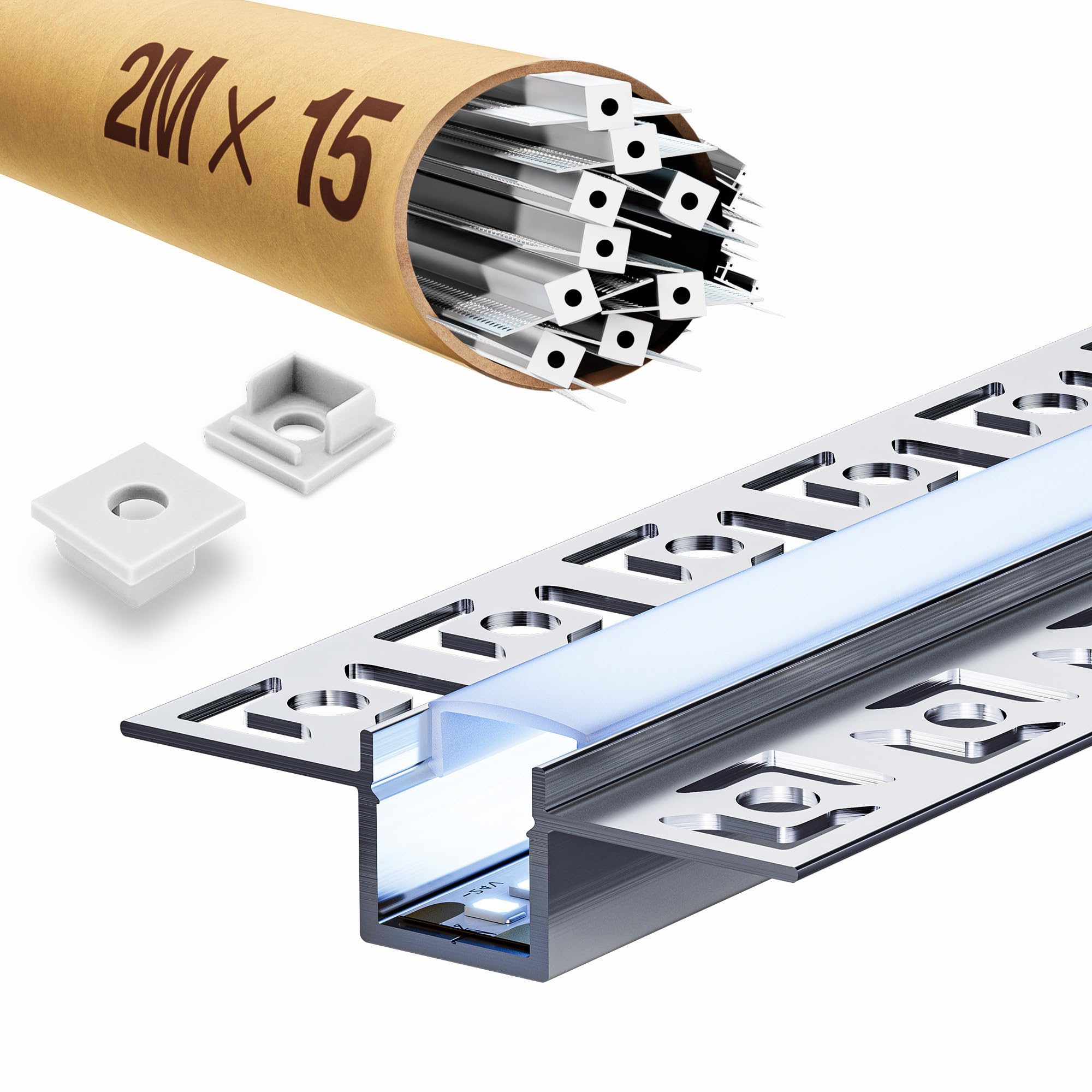 15 x profil LED do suchej zabudowy 2 m, szyna LED 2 m, profil aluminiowy, szyna podtynkowa i dyfuzor natynkowy do oświetlenia pośredniego sufitu